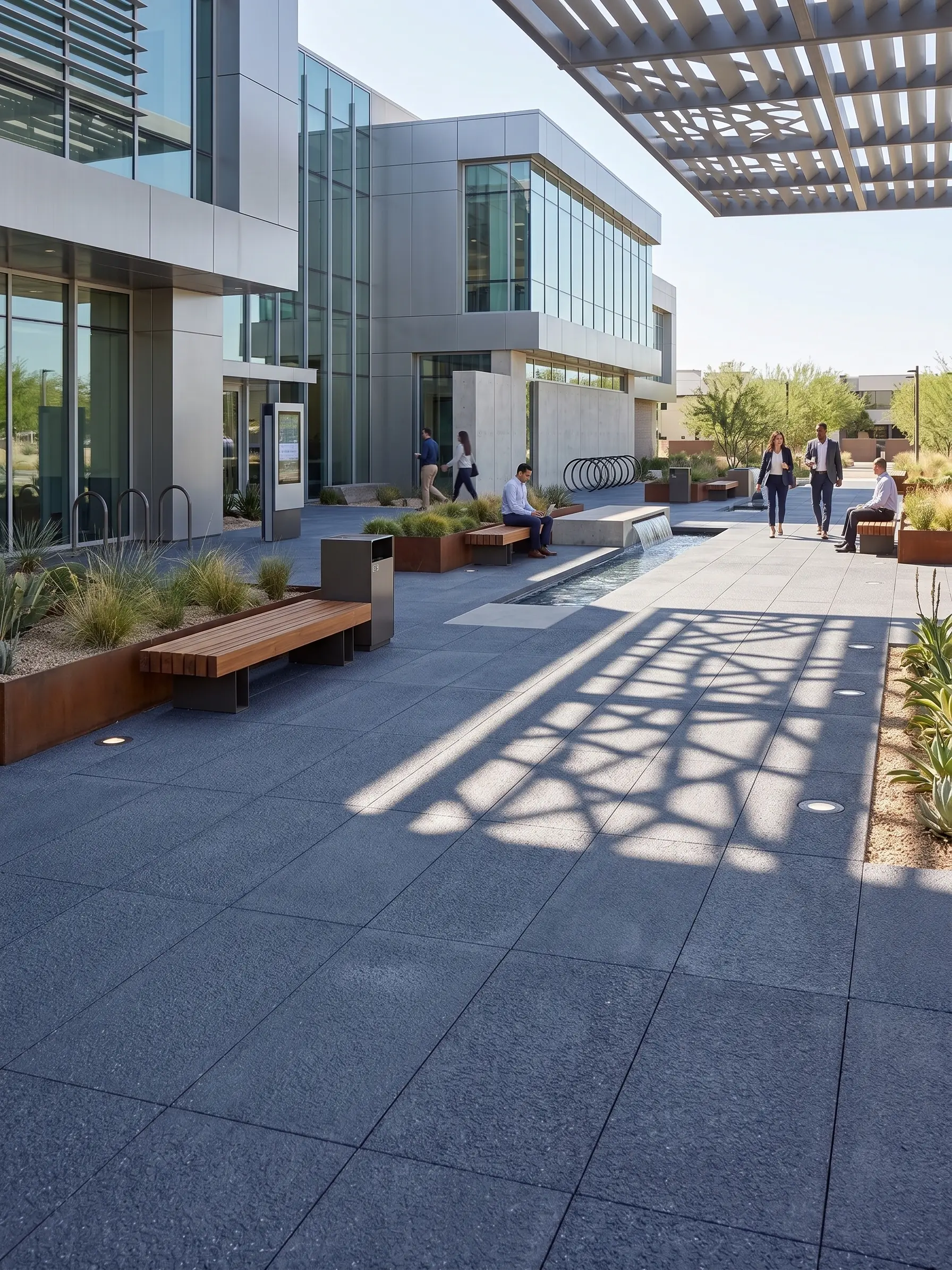 Contemporary office building courtyard with people walking near planters and water feature.