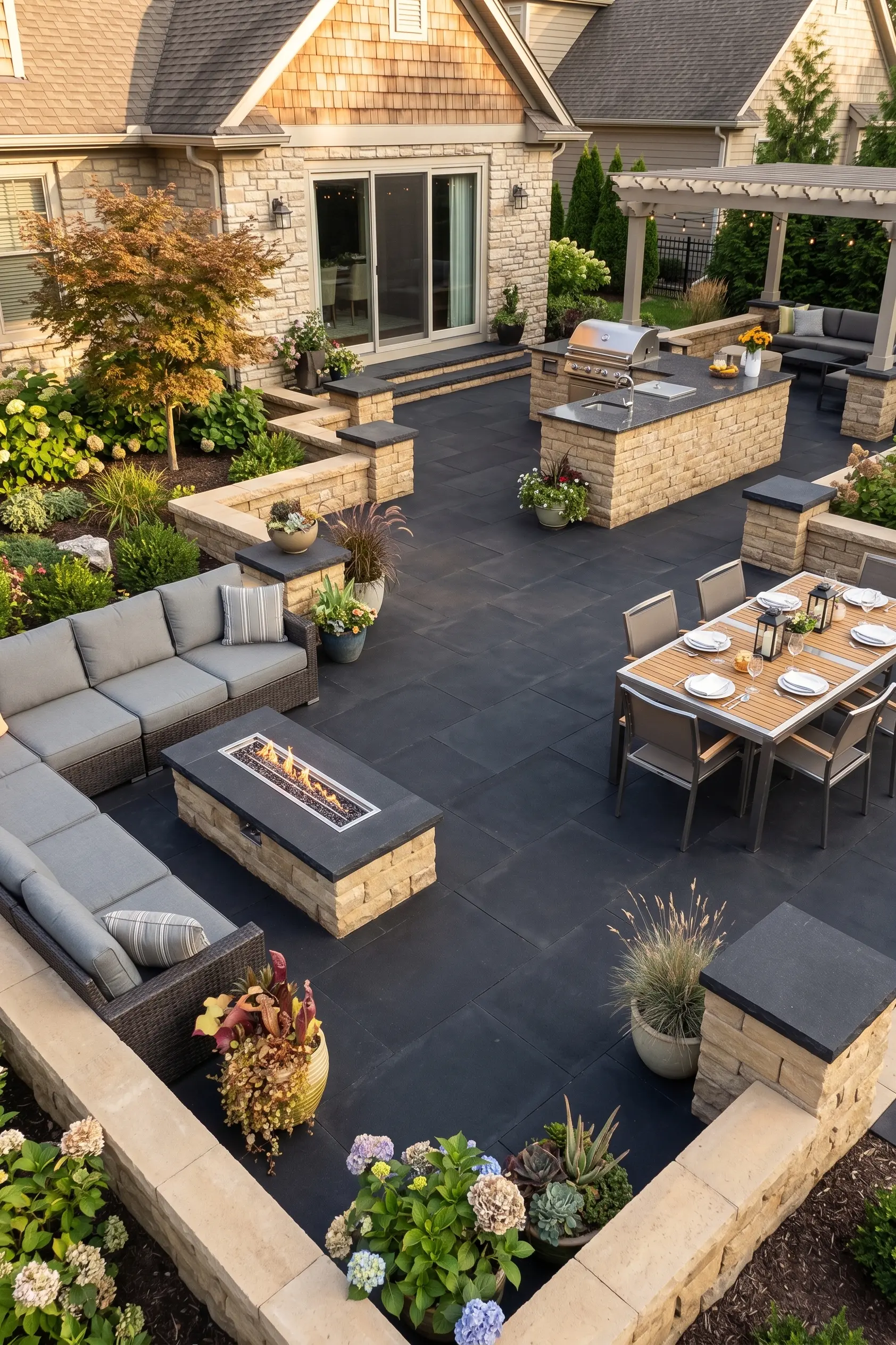 Contemporary patio design featuring basalt cobbles for a low retaining wall and seating area.
