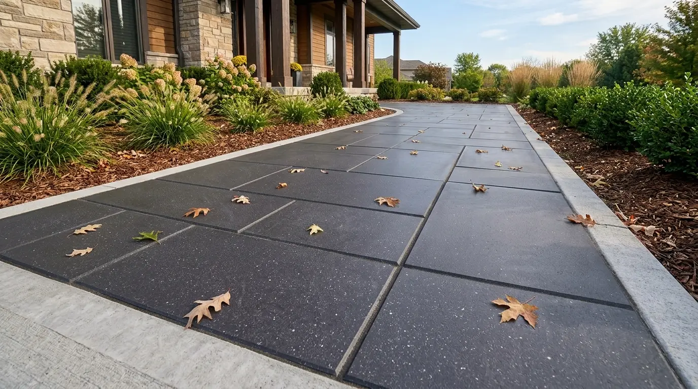Dark, speckled stone pavers form a modern walkway leading to a home entrance.