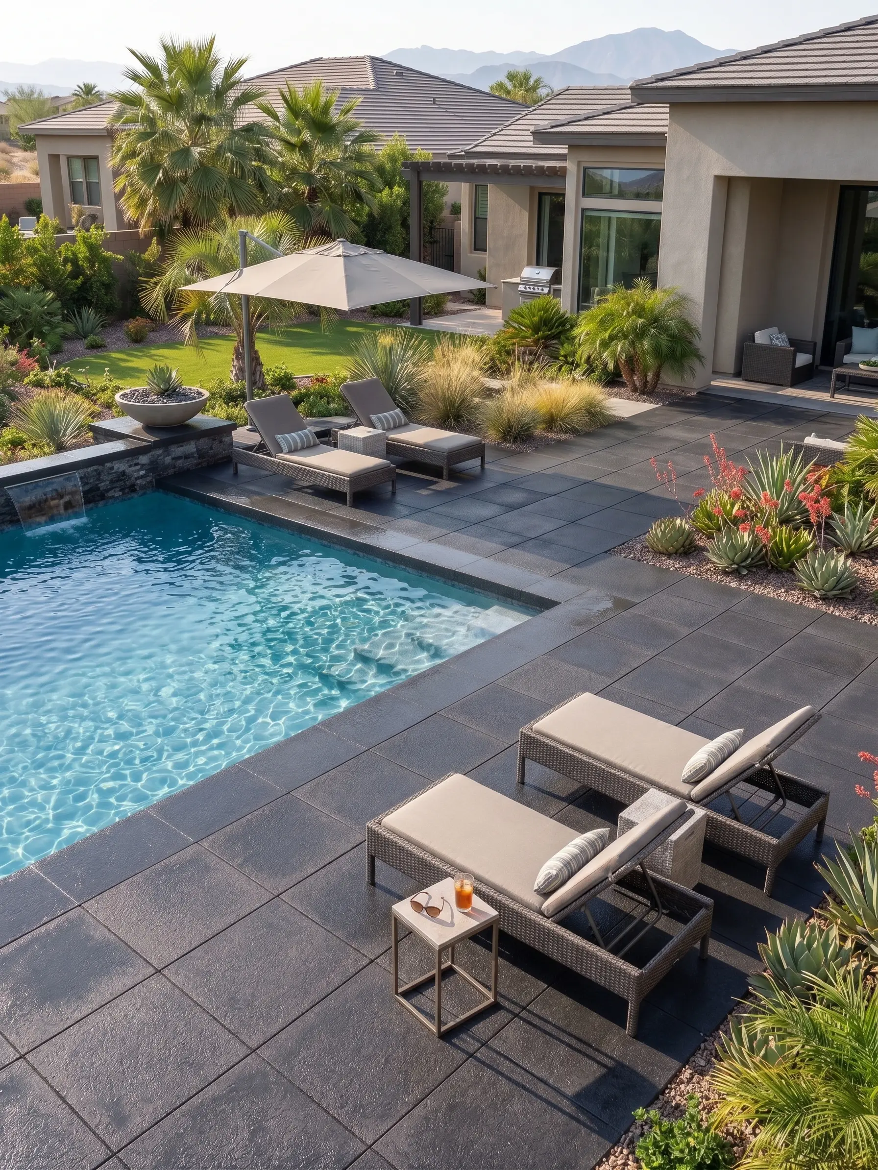 Modern backyard with pool and loungers Basalt pool coping surrounds a clear blue swimming pool with loungers nearby.