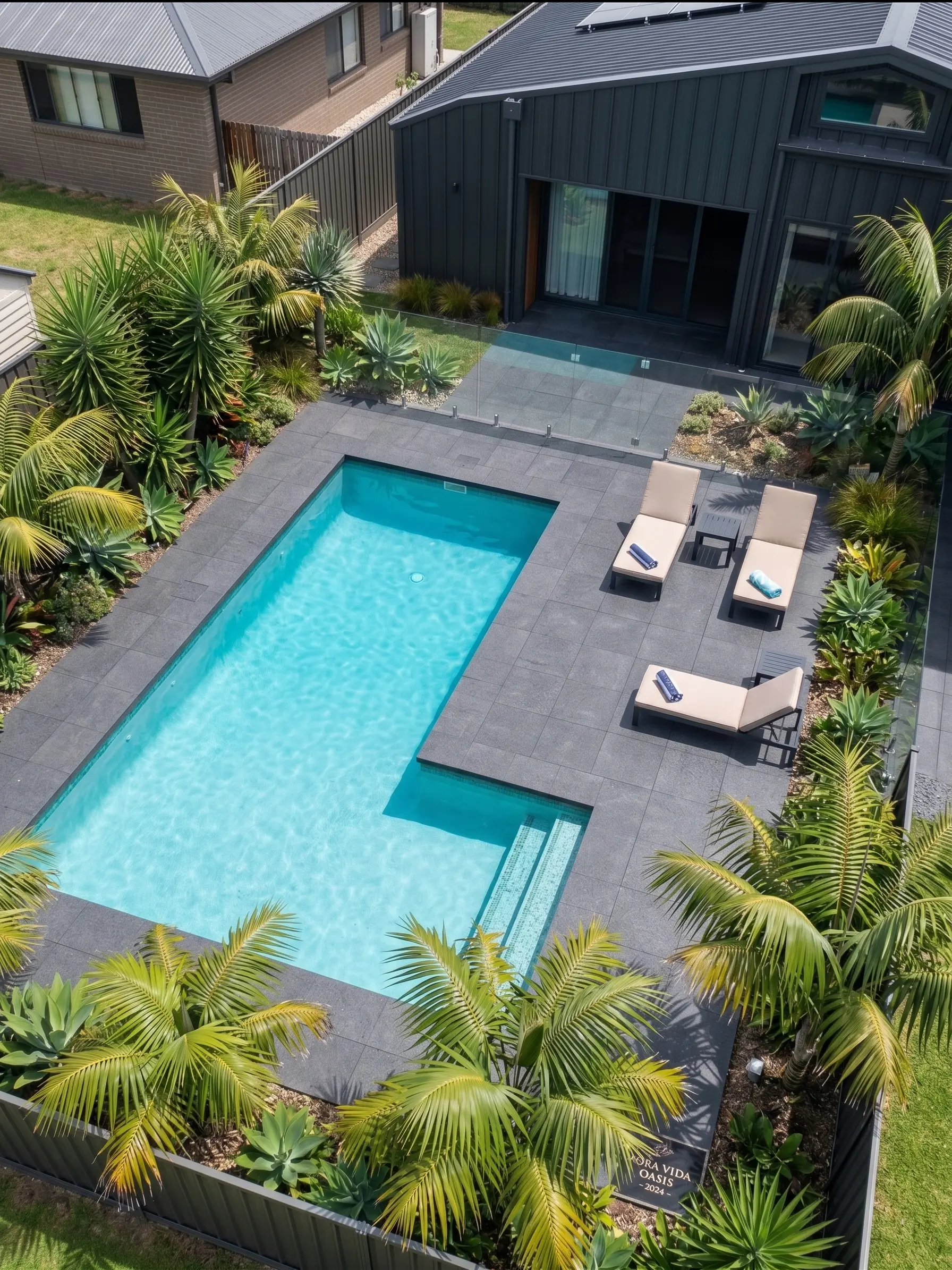 Modern backyard featuring a bright blue swimming pool surrounded by dark stone pavers.