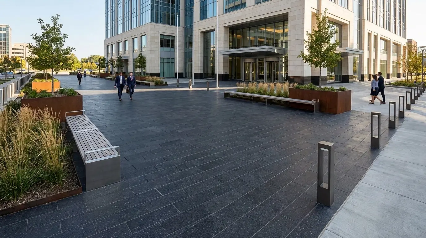 Two businessmen walk past modern planters and benches in a paved plaza.