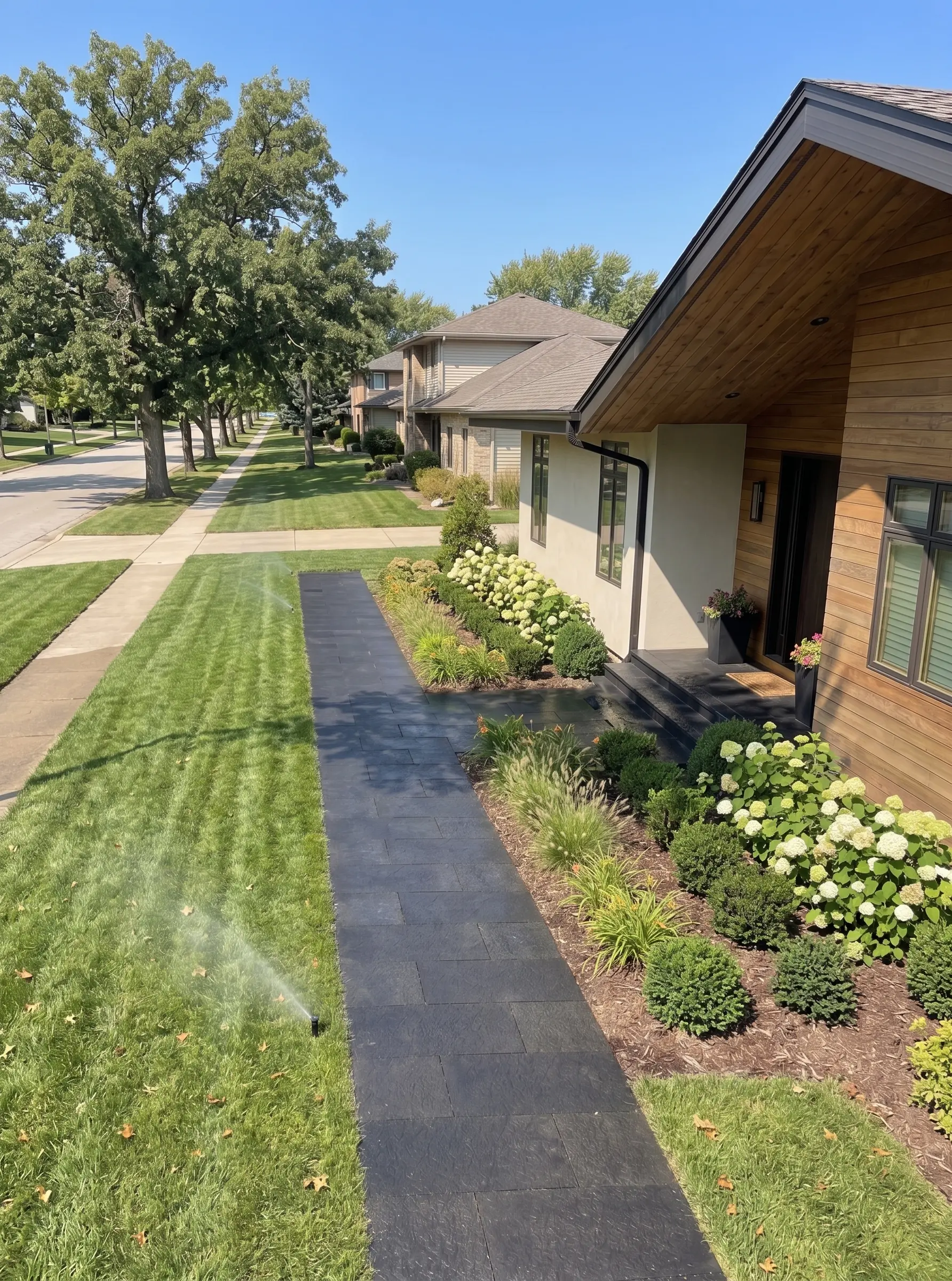 Modern home entrance with landscaping A modern home entrance with dark stone walkway and manicured landscaping featuring hydrangeas