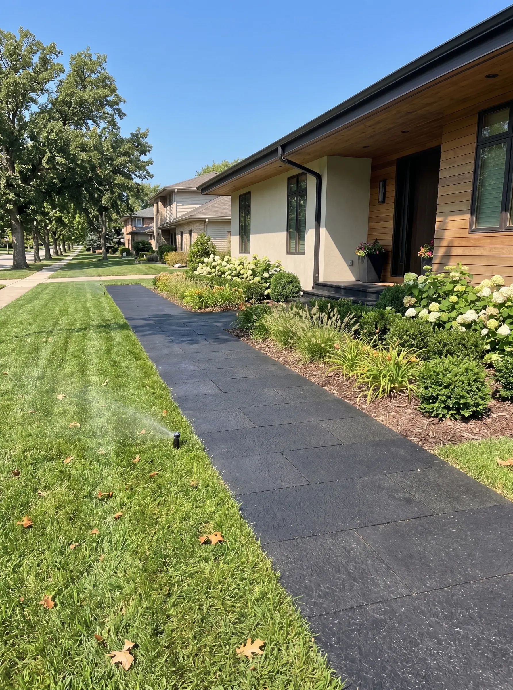 Modern home exterior with dark paver pathway Dark basalt pavers lead to a modern home with lush landscaping.