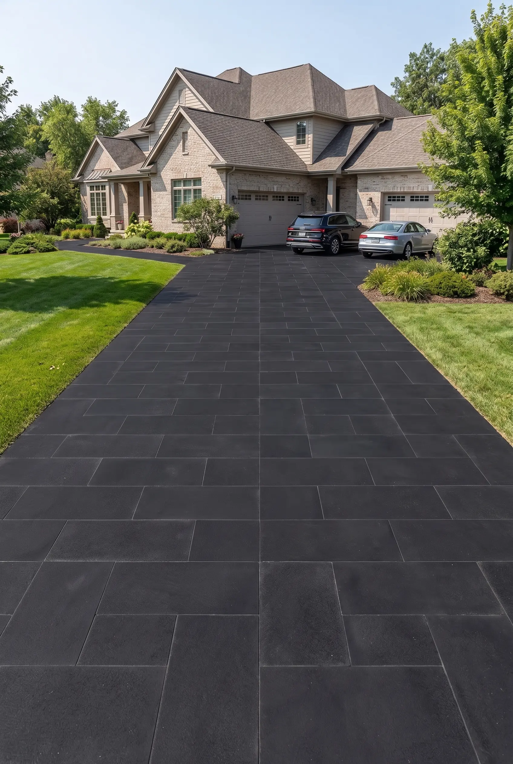 Modern house driveway with dark large format tiles Dark large format basalt tiles paving a wide driveway leading to a modern home.