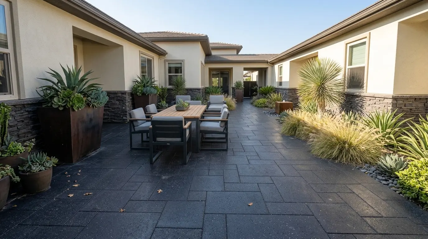 Modern patio with a basalt pavers finish and outdoor dining furniture.