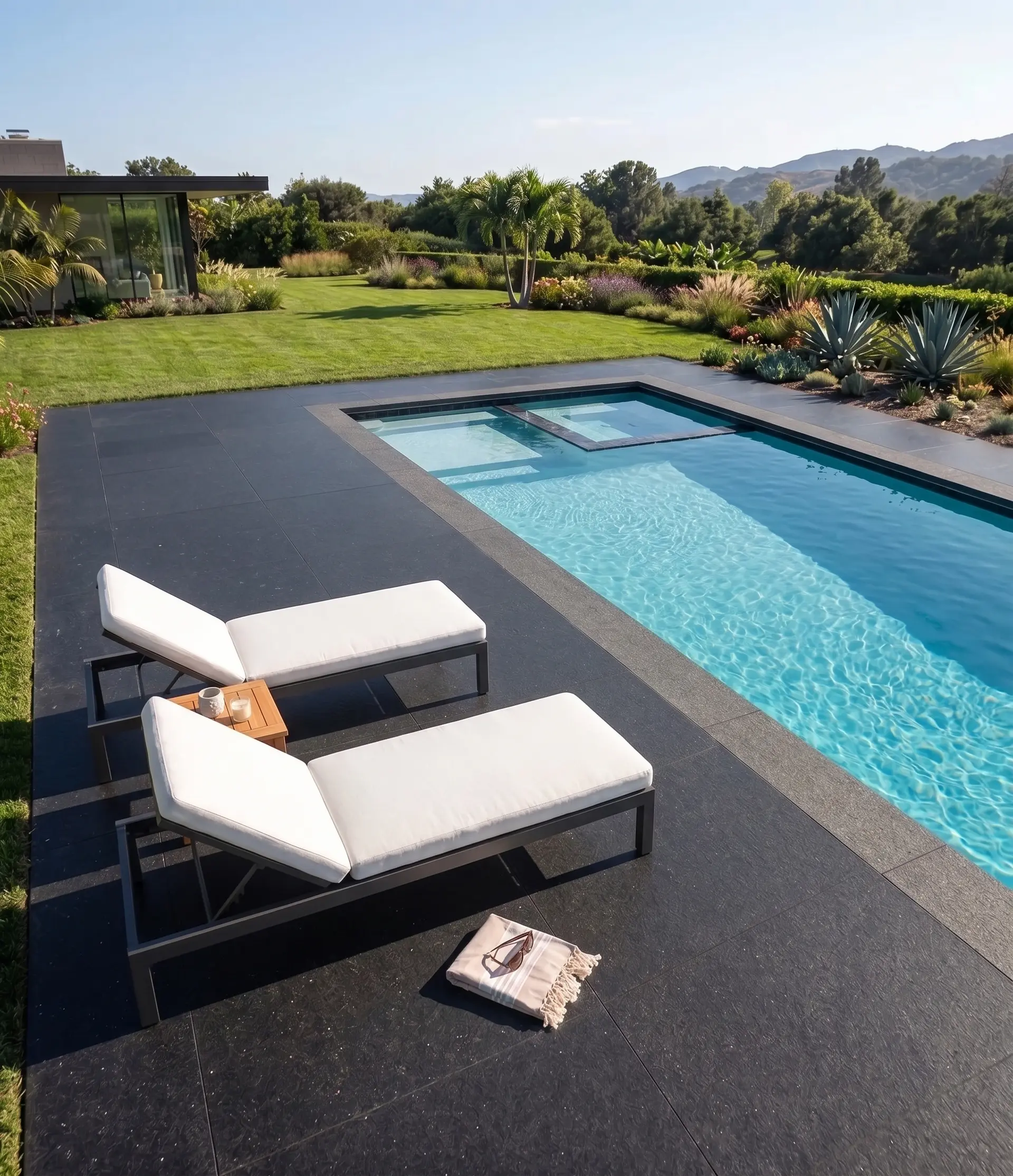 Modern pool deck with lounge chairs White lounge chairs on a dark paver deck beside a blue swimming pool.