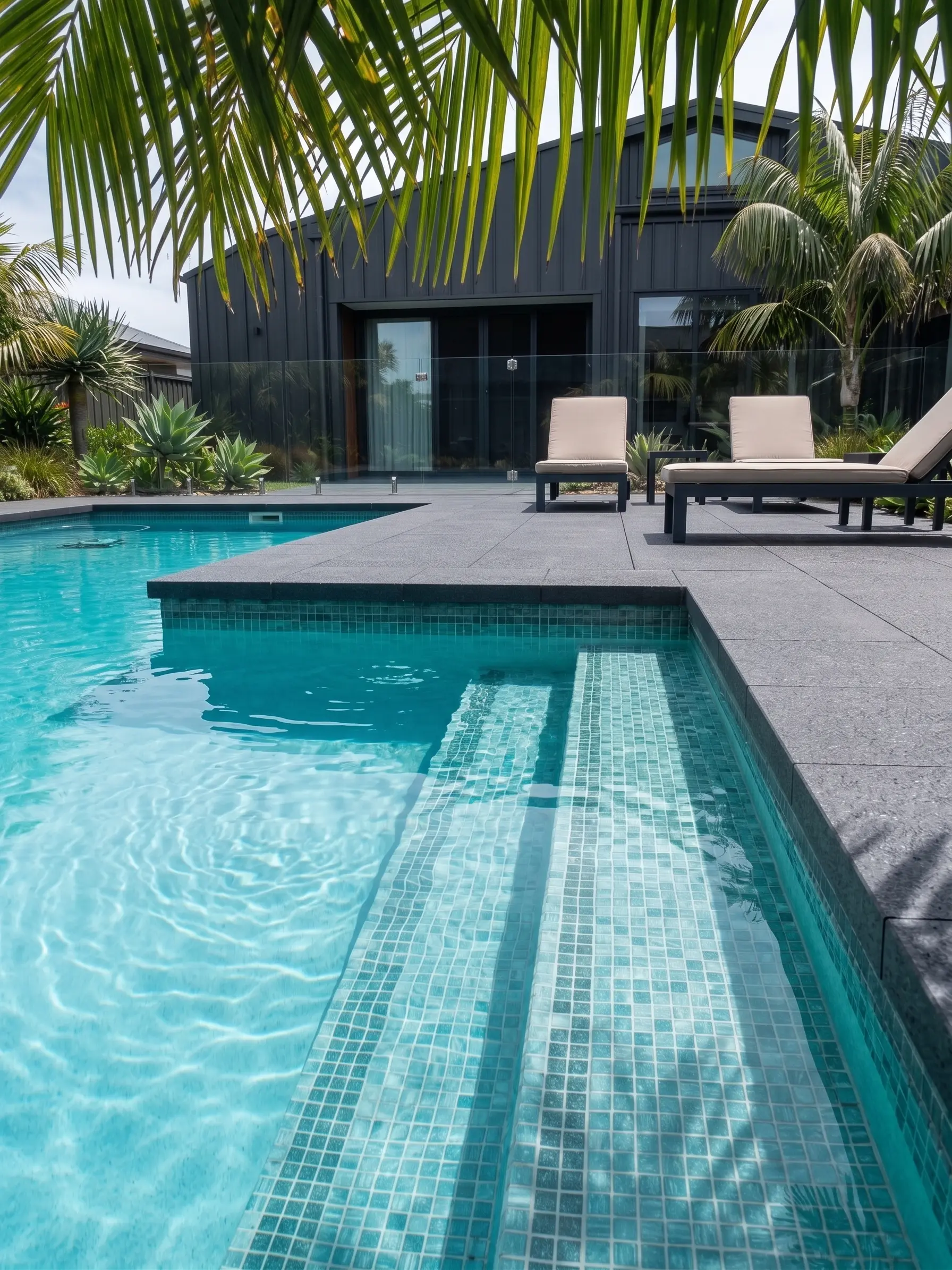 Close-up view of shimmering blue pool water with tiled steps, reflecting palm fronds.