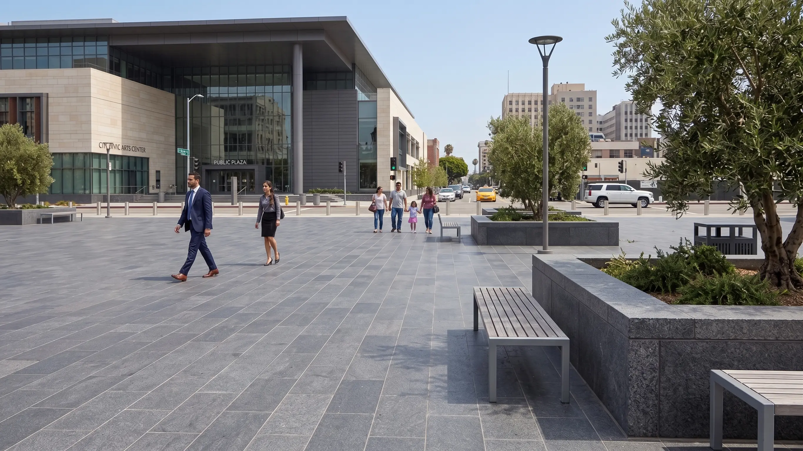 Modern public plaza with stone paving People walk across a wide paved plaza of cobblestone pavers under a clear sky.