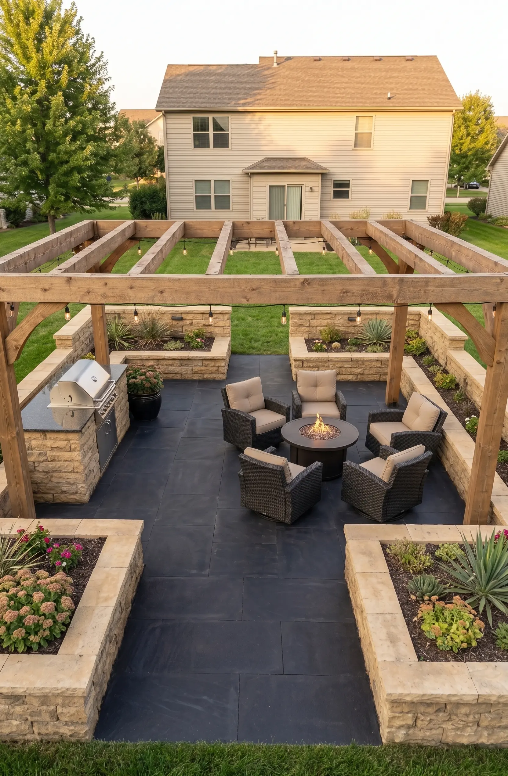 Modern patio with a pergola, fire pit, and outdoor kitchen, showcasing basalt tree surrounds