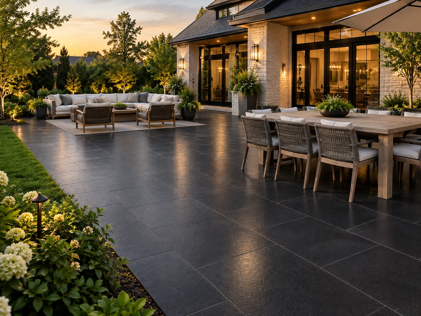 Dark stone patio surface reflecting warm evening light near outdoor furniture