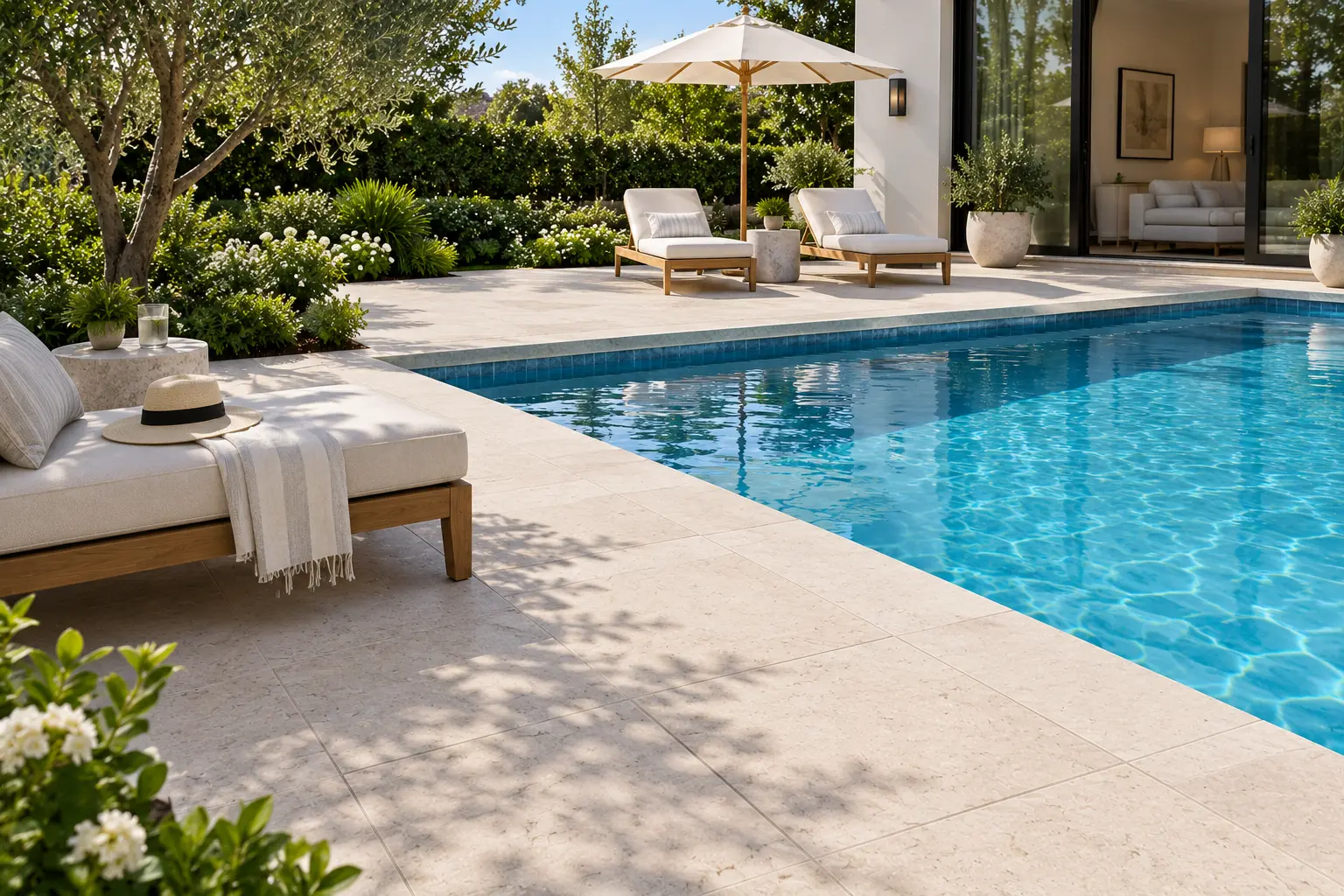 A tranquil poolside lounge area with comfortable seating and lush greenery, featuring natural stone, relevant to cleaning marble pavers.