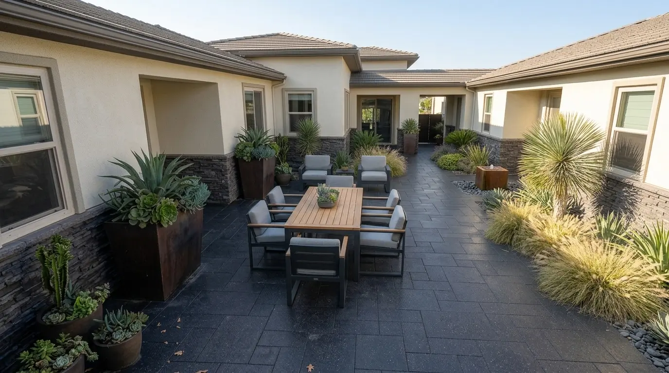 A patio area with a dining table and chairs surrounded by landscaping.