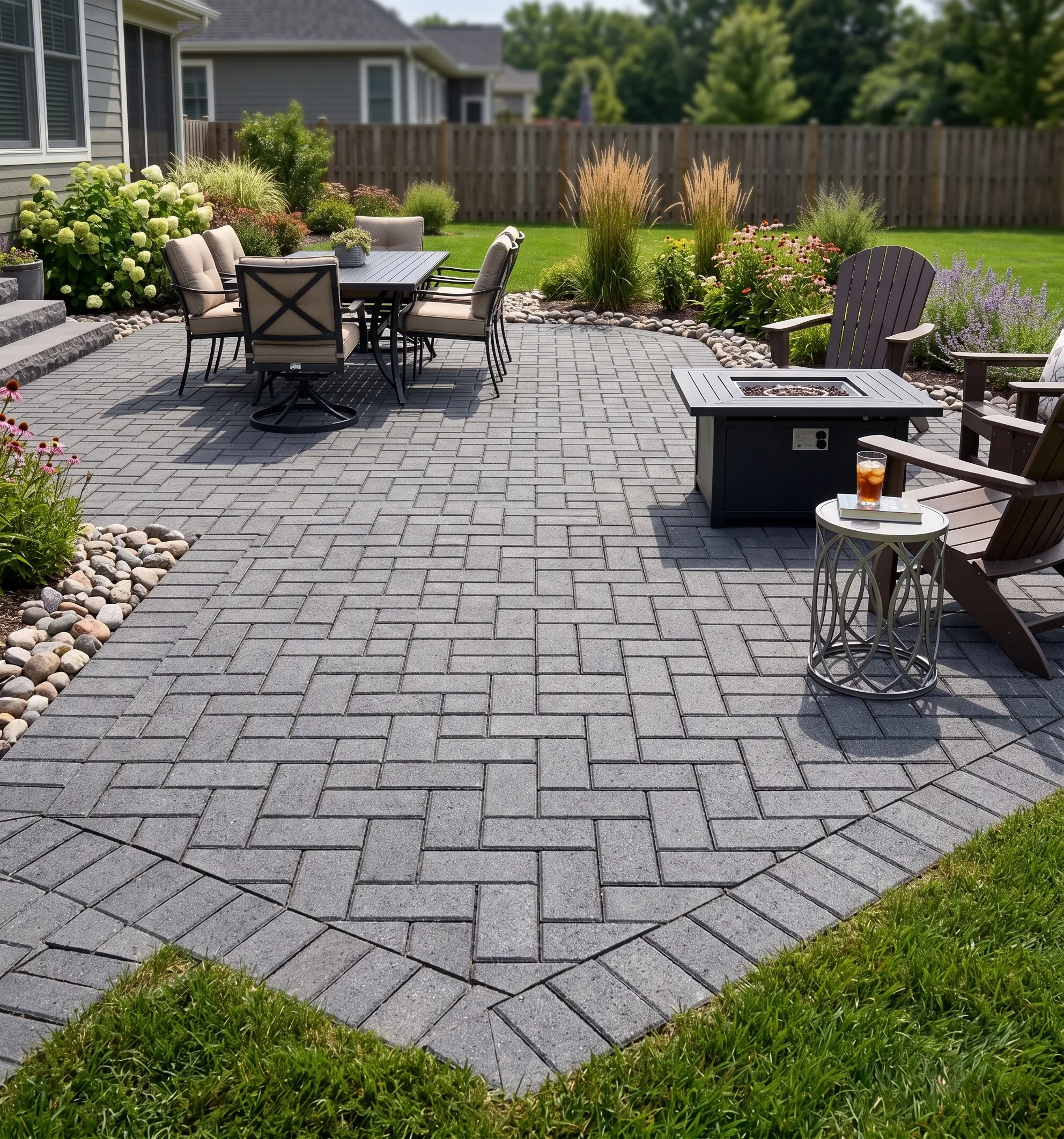 Basalt pavers arranged in a herringbone pattern on an outdoor patio