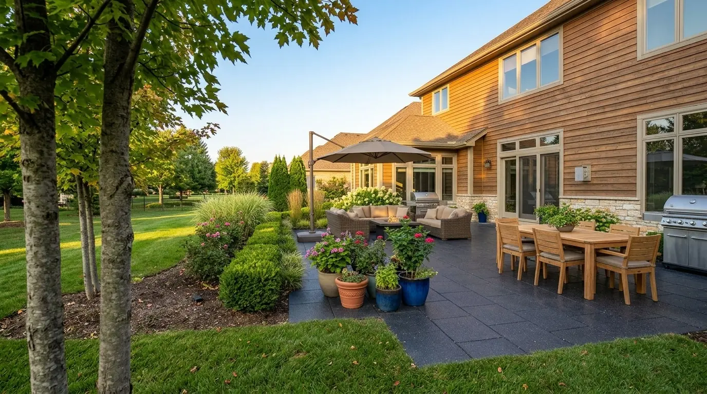 Dark flamed basalt tile patio surfaces near a wooden table and chairs