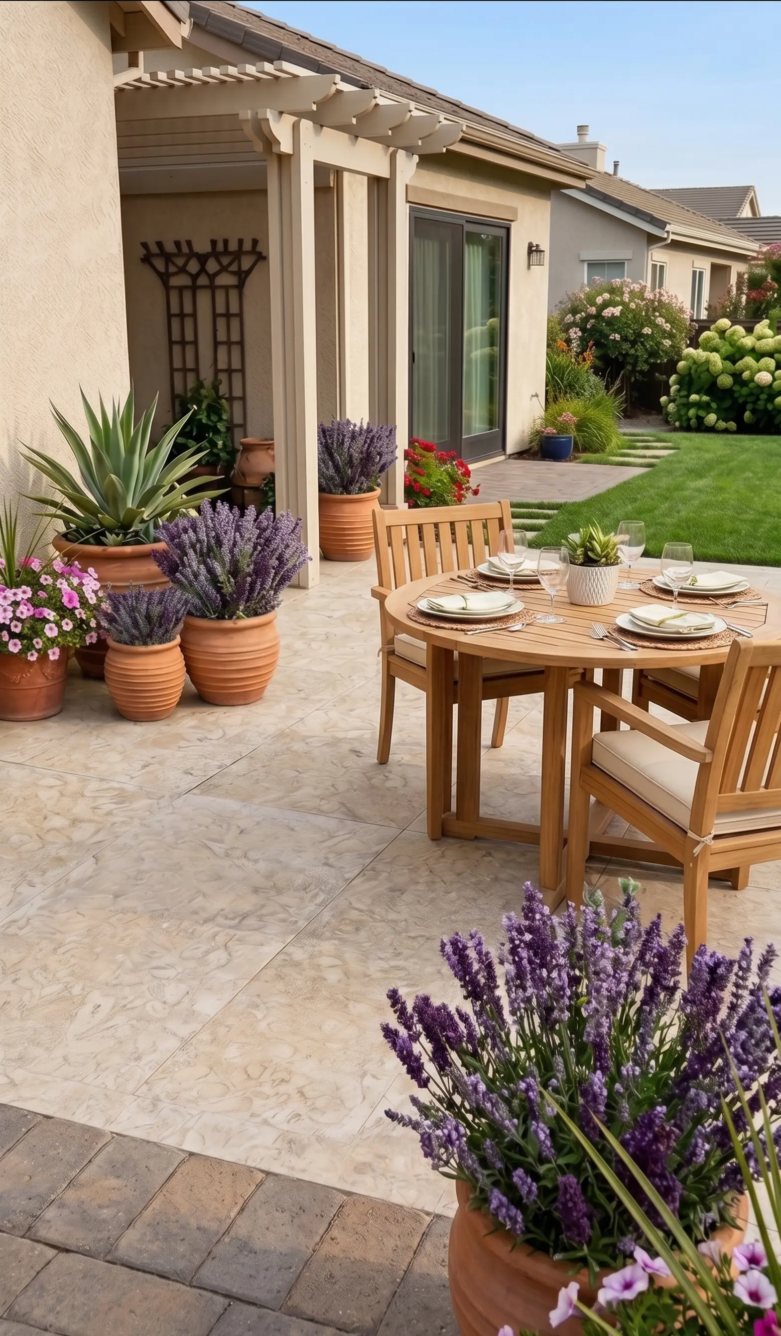 Wood patio table set for dining amidst potted lavender plants