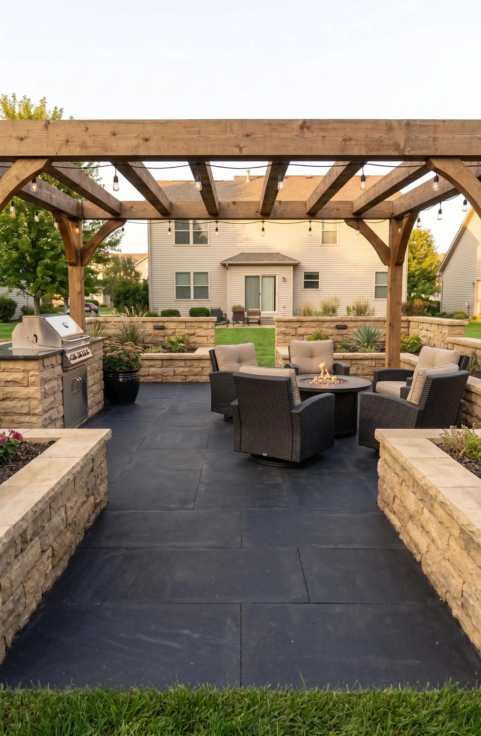 Outdoor patio area with seating around a fire pit, featuring basalt cobbles design.