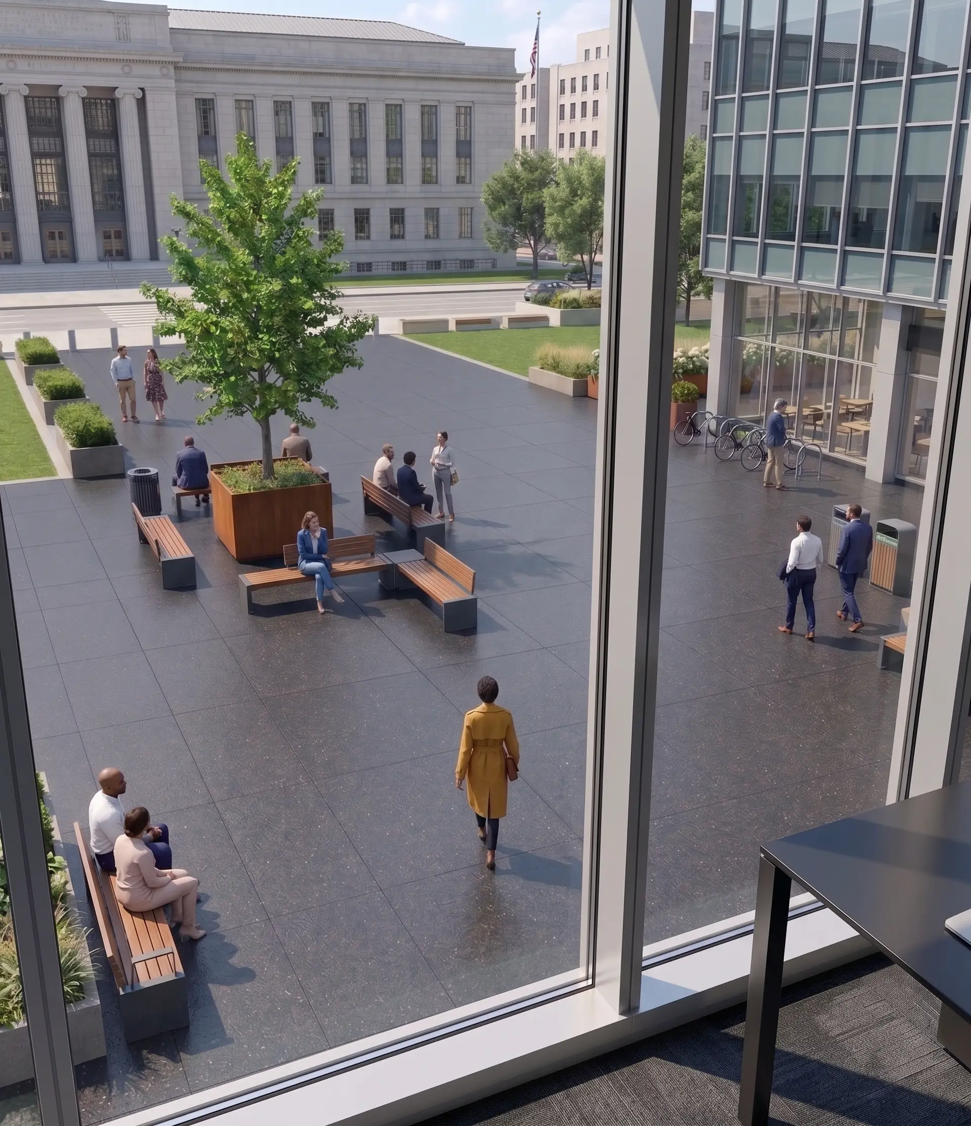 People are seated on benches in a courtyard, near planters with trees and bushes.