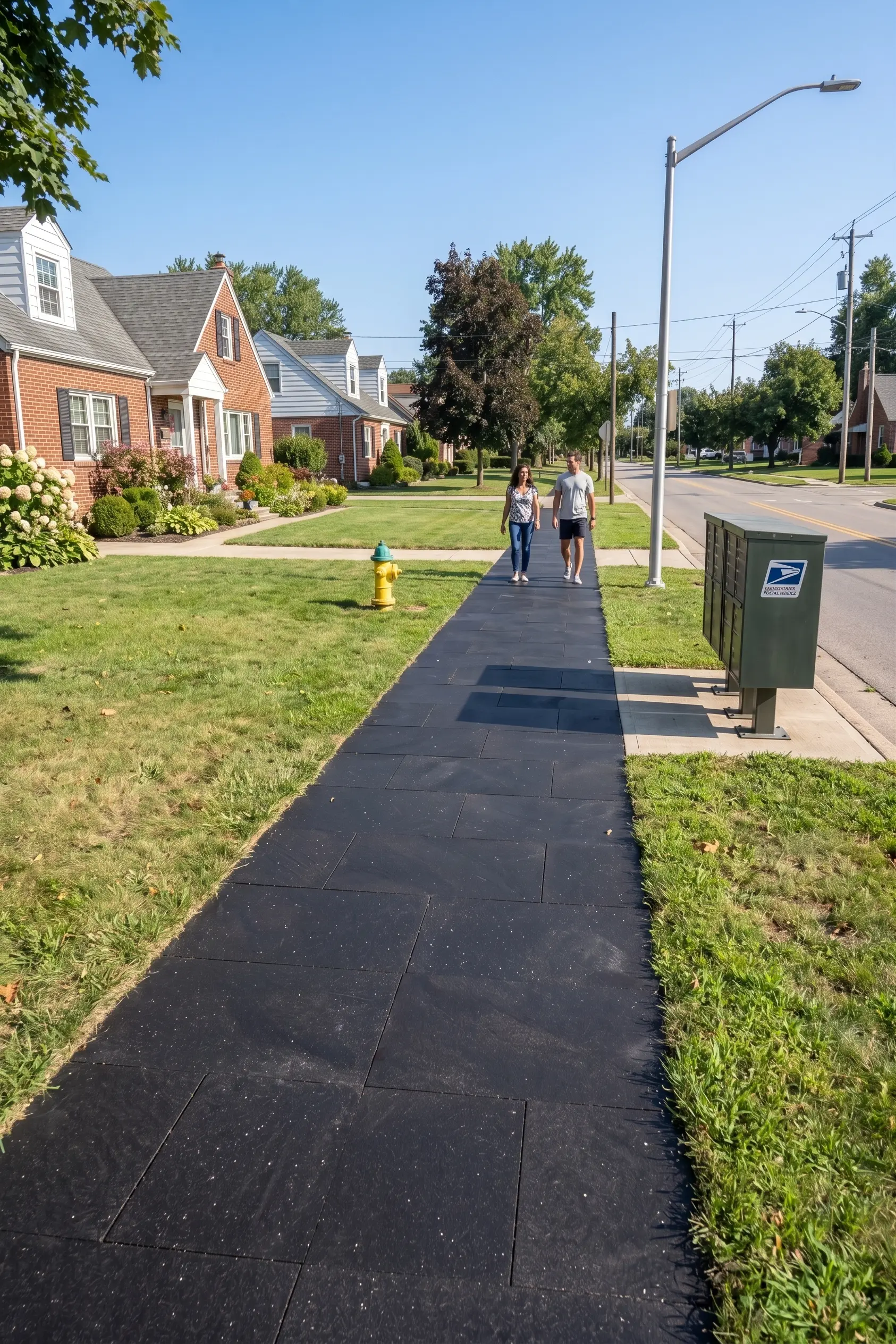 People walking on dark paved path Two people walk on a dark, tiled path beside a lawn.