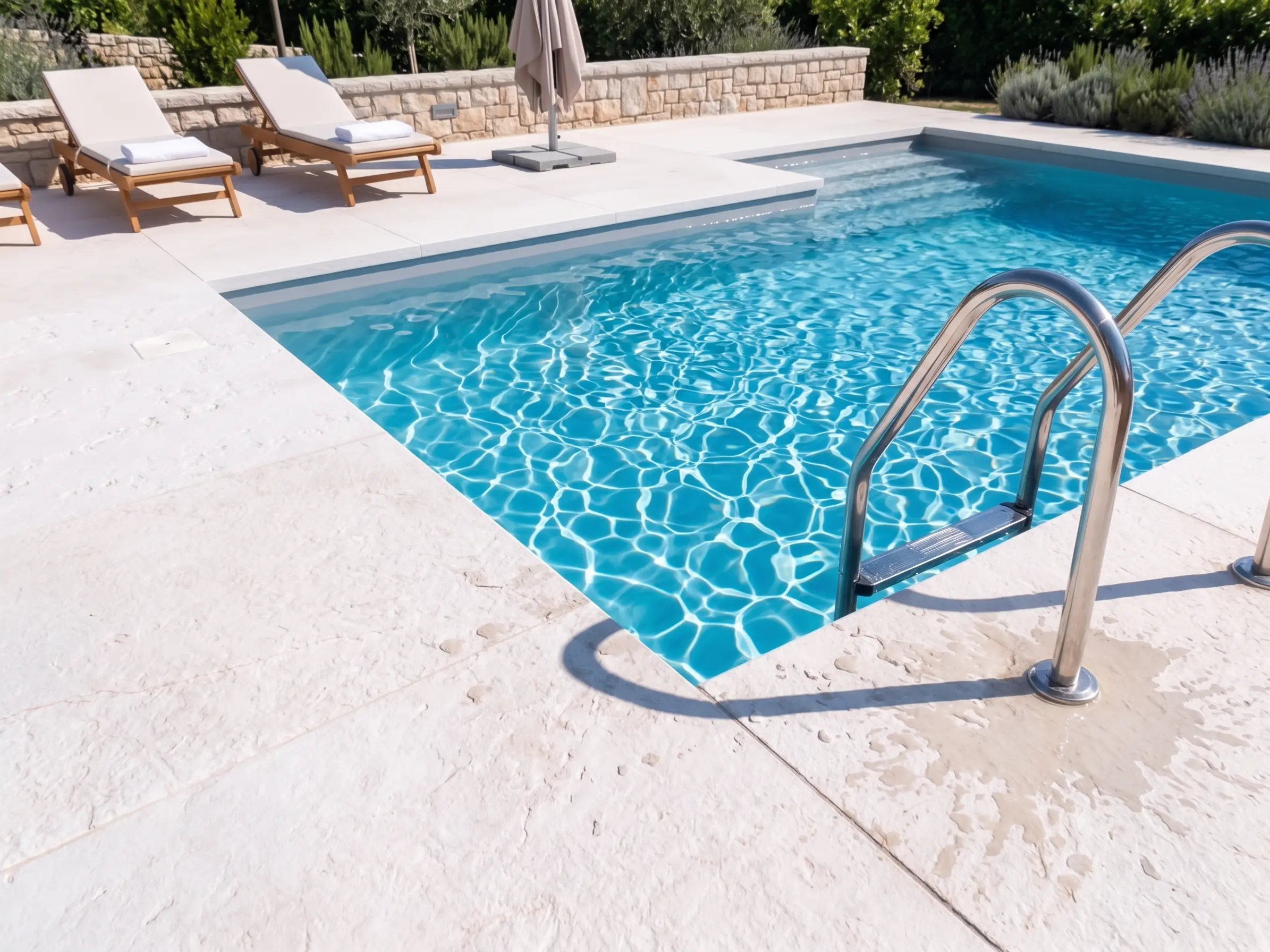 Sun loungers and a neutral umbrella near a clear blue swimming pool with stone tiling, shown for cleaning marble pavers.