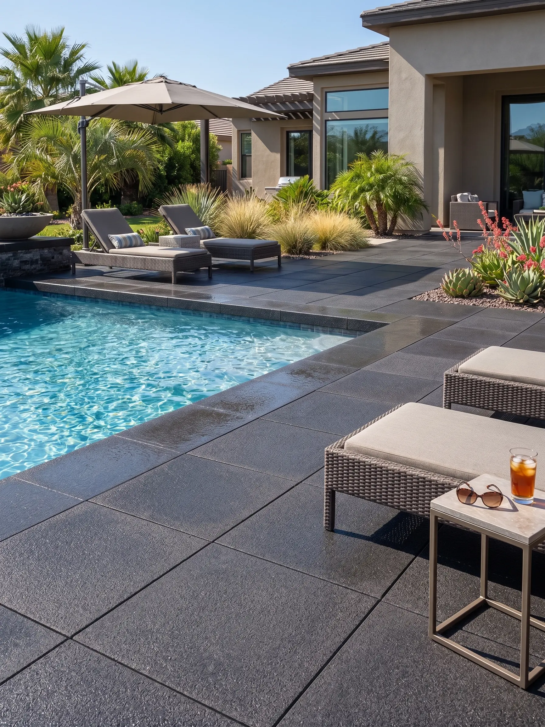 Dark patterned pavers integrated with a pool deck, fitting a wider paving scheme.