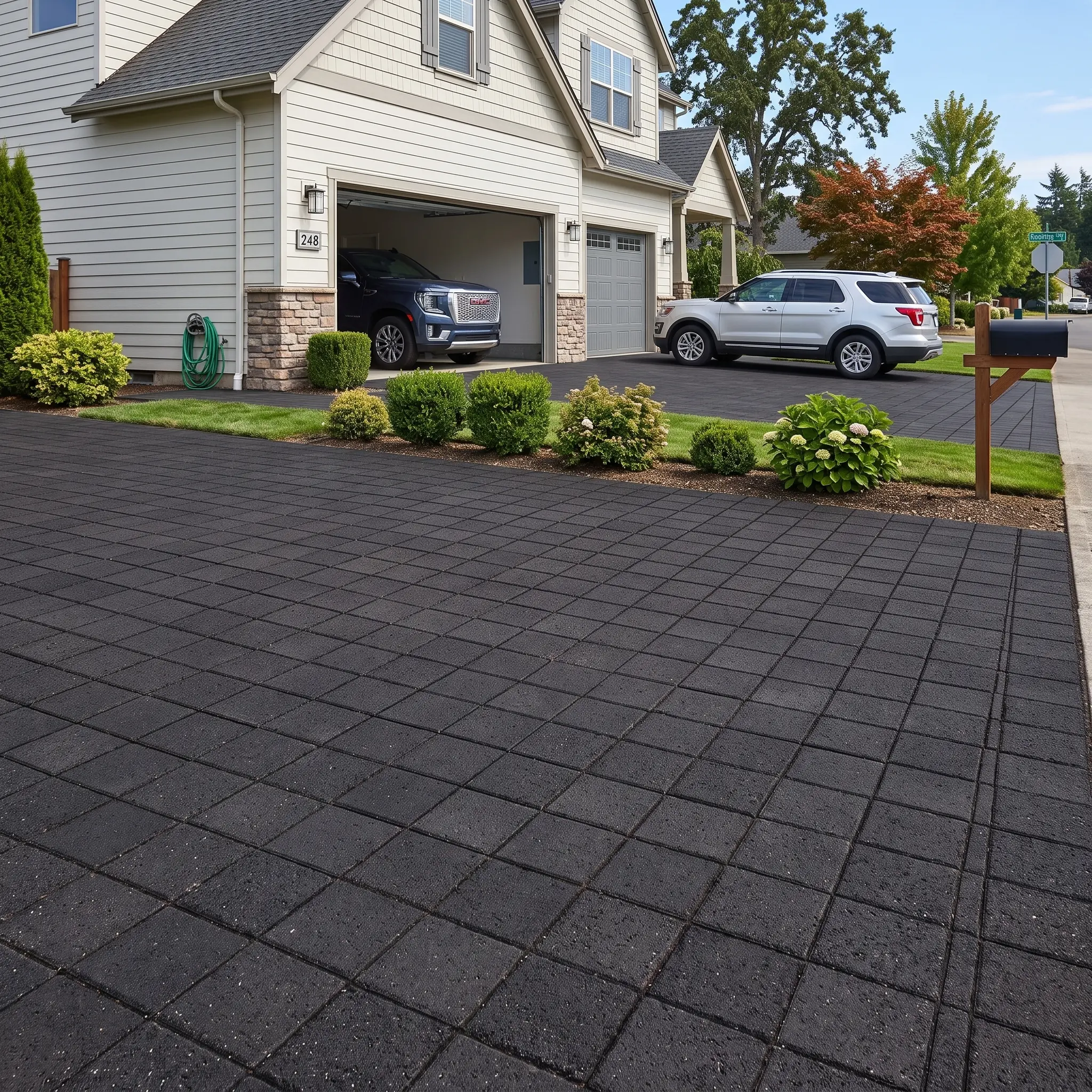 Residential driveway with patterned pavers Dark gray pavers laid in a patterned grid outside a suburban home garage.