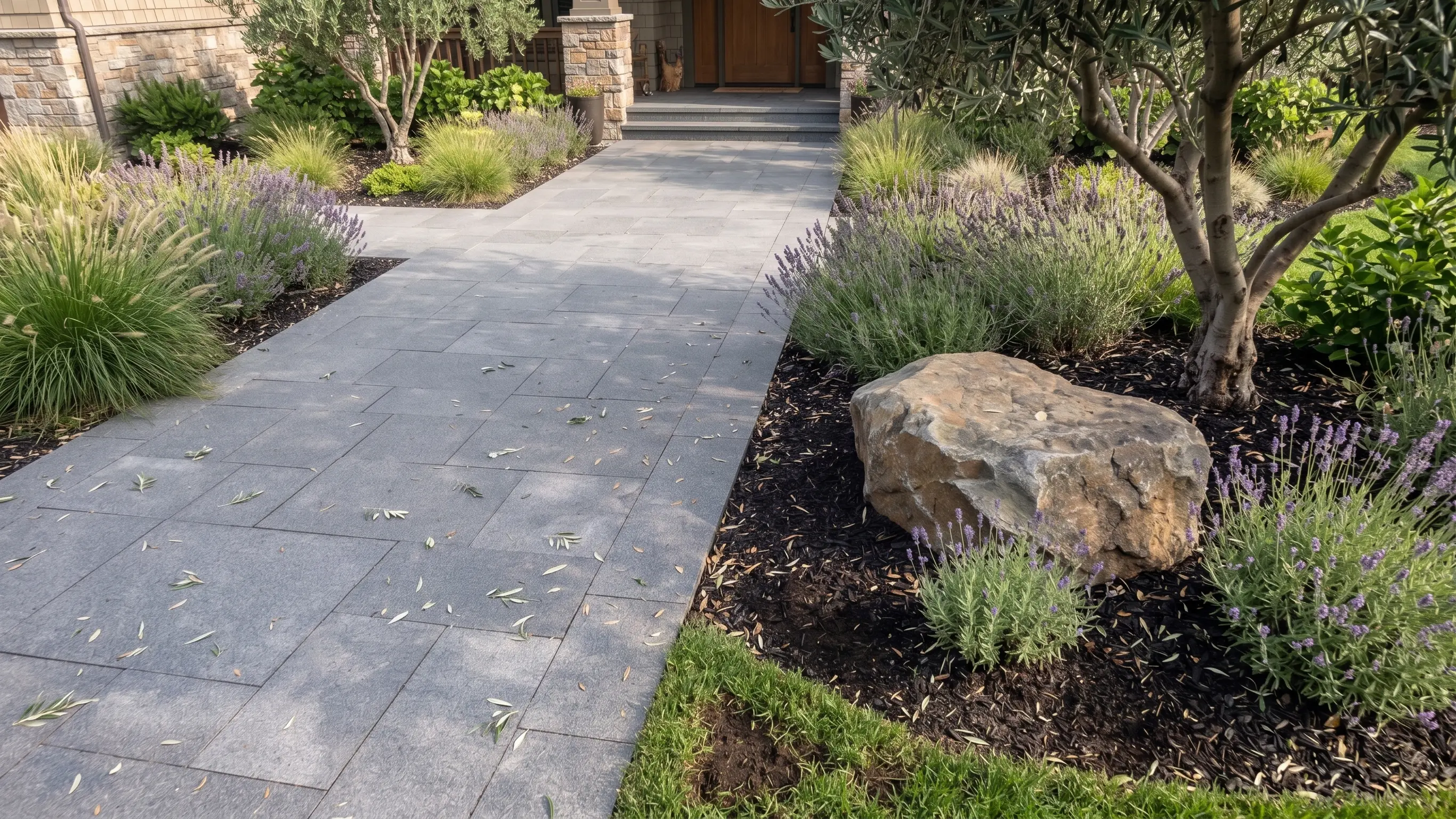 Stone pavers lead to a home entrance, flanked by ornamental grass and lavender plants.