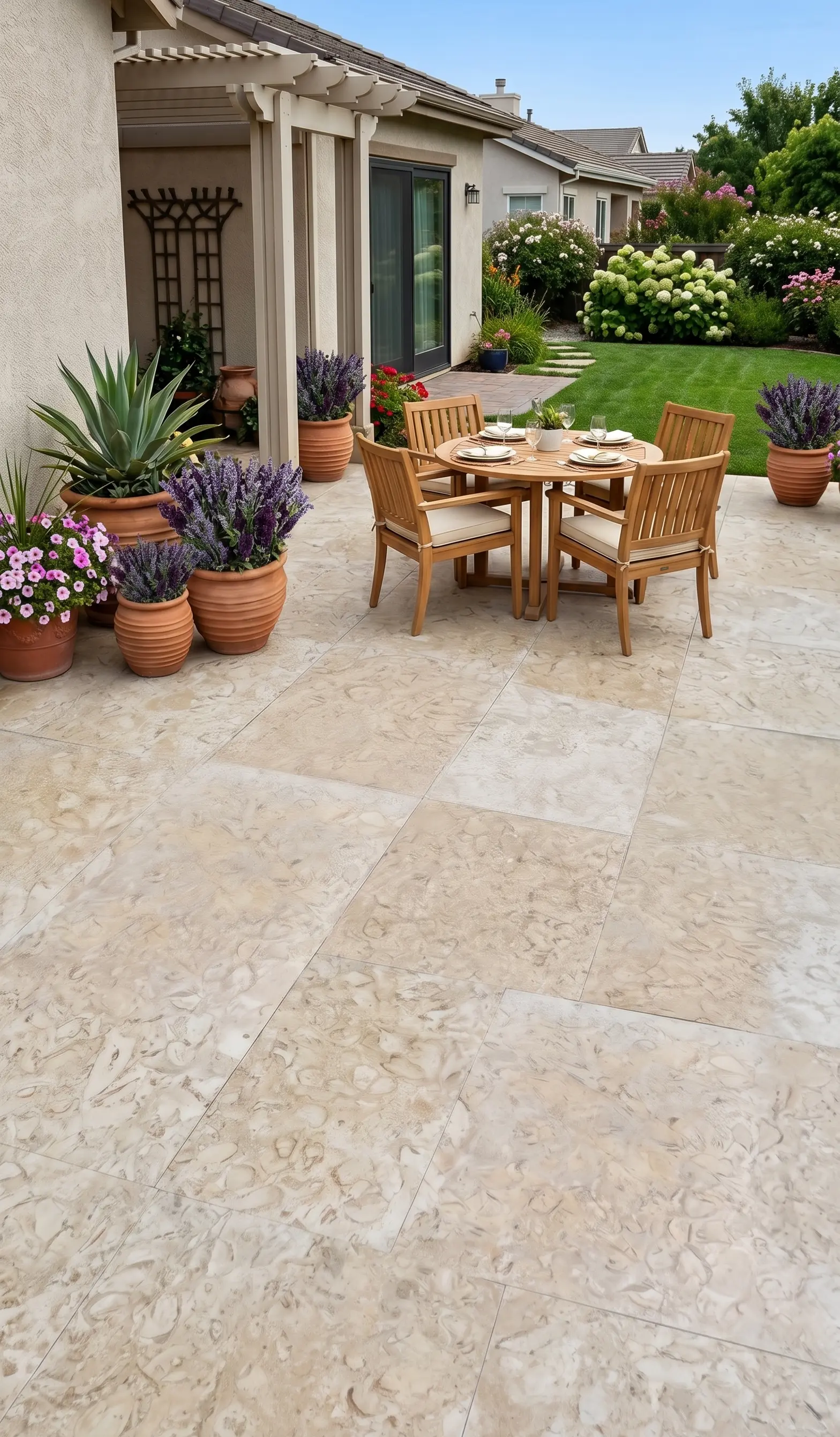 Potted lavender and agave plants on a light stone paver patio