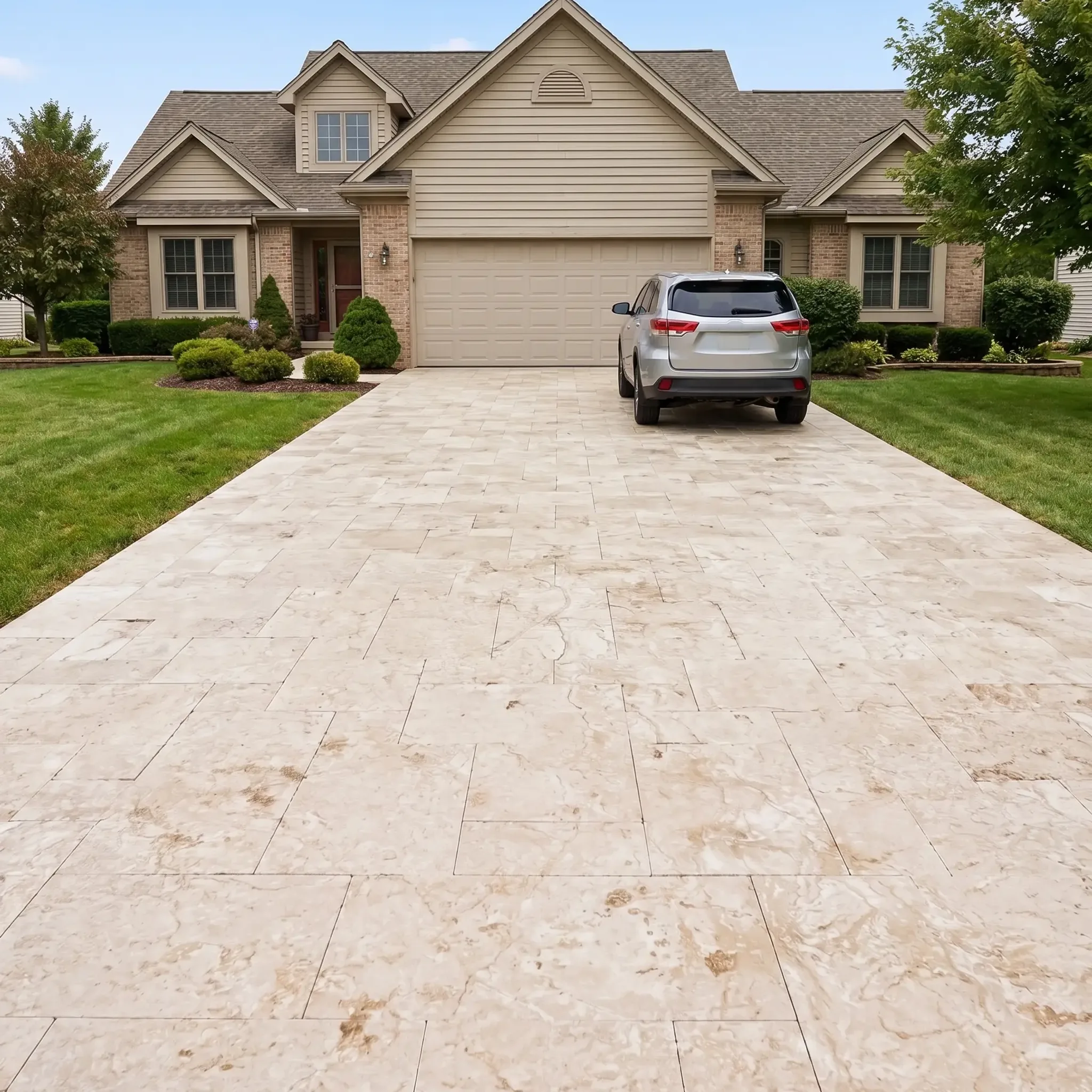 Cream mottled limestone pavers in offset pattern on a suburban driveway with a silver SUV parked at a two-car garage.