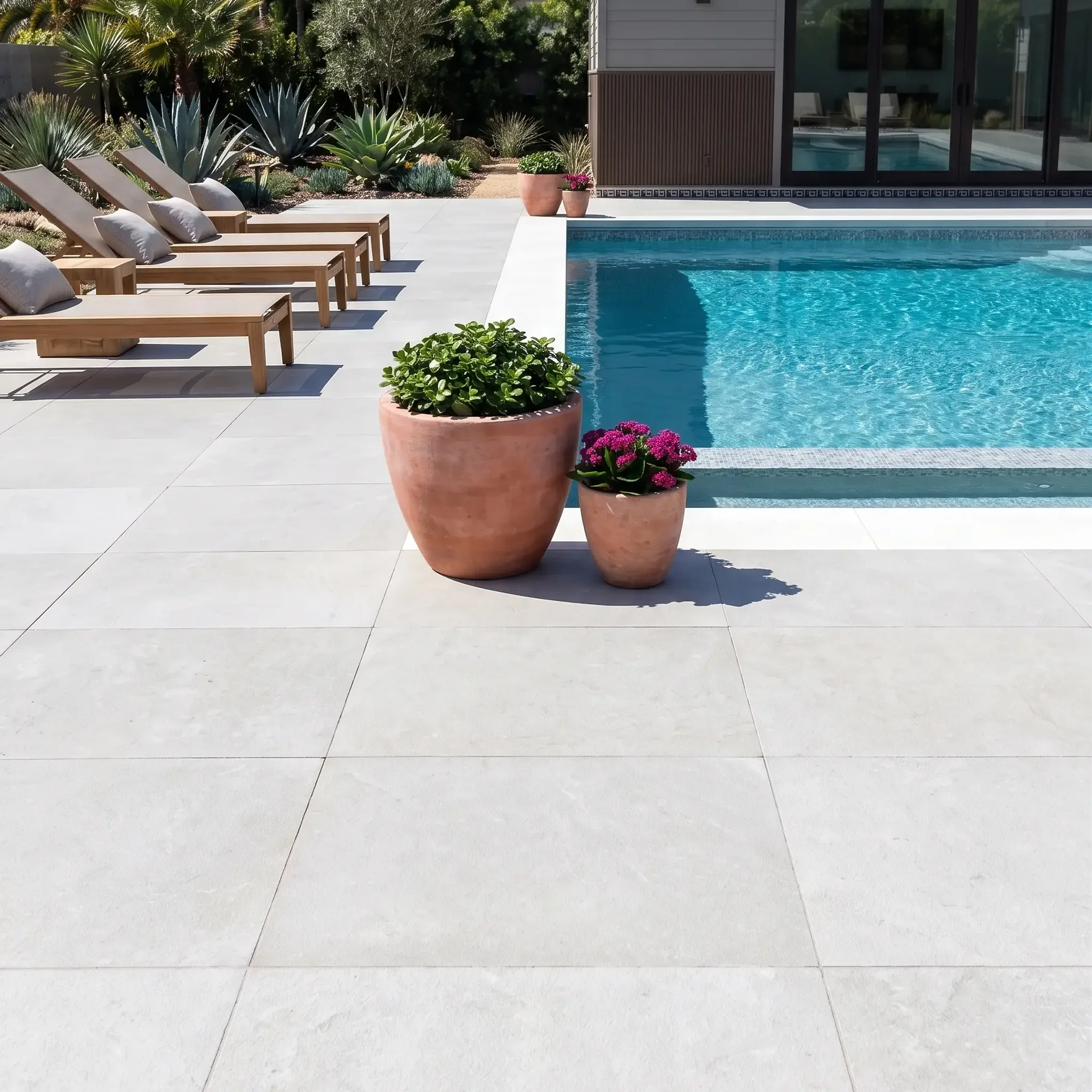 Light grey-white large-format limestone pavers at a pool edge with terracotta planters, teak loungers and a Greek-key…