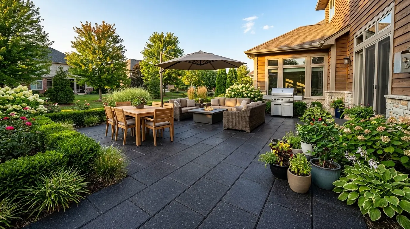 Honed black stone patio in a backyard with an outdoor dining table, lounge seating and a grill