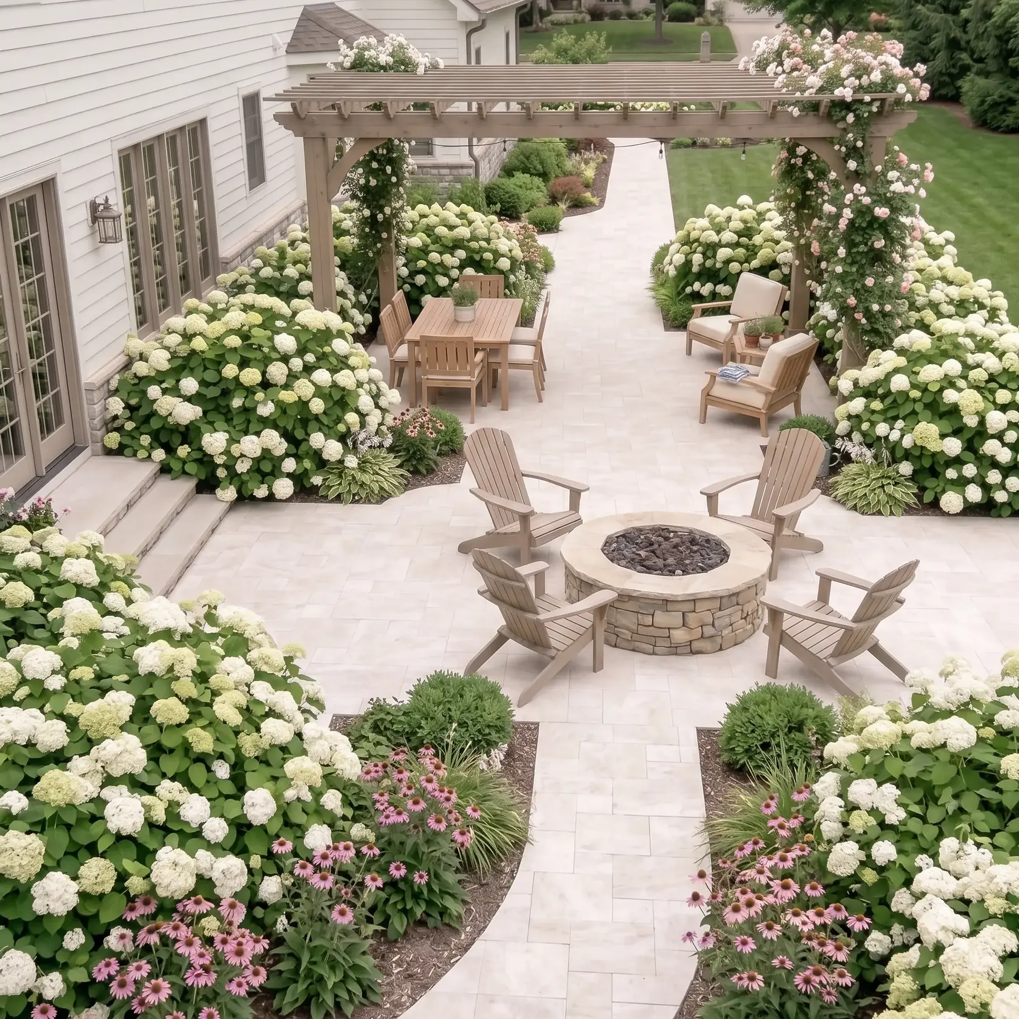 aerial backyard: pale cream paver path and patio, stone fire pit, Adirondack chairs, pergola with roses,…