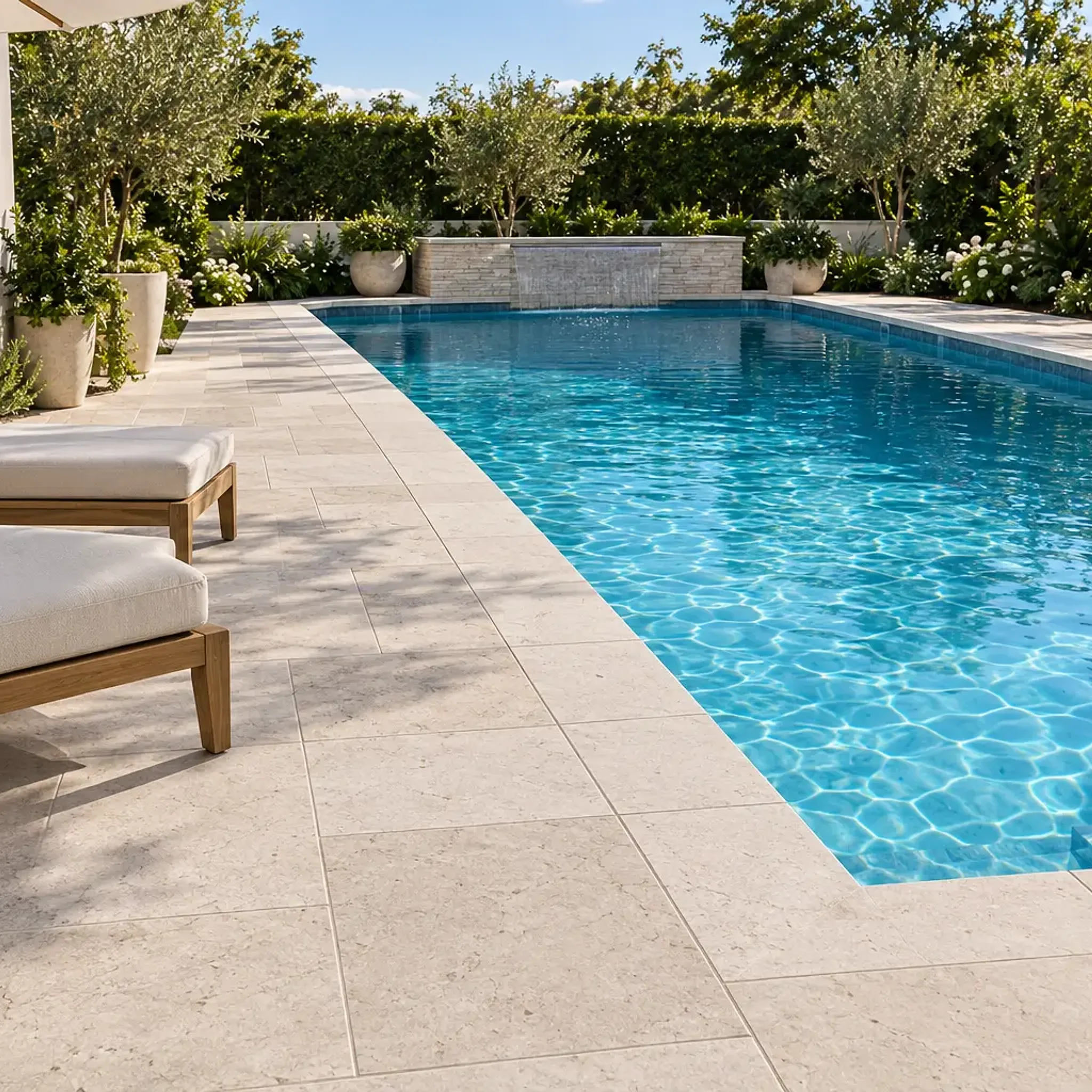 Pearl cream limestone pool deck pavers with loungers, umbrella, potted olive trees, a stone waterfall wall and lush…