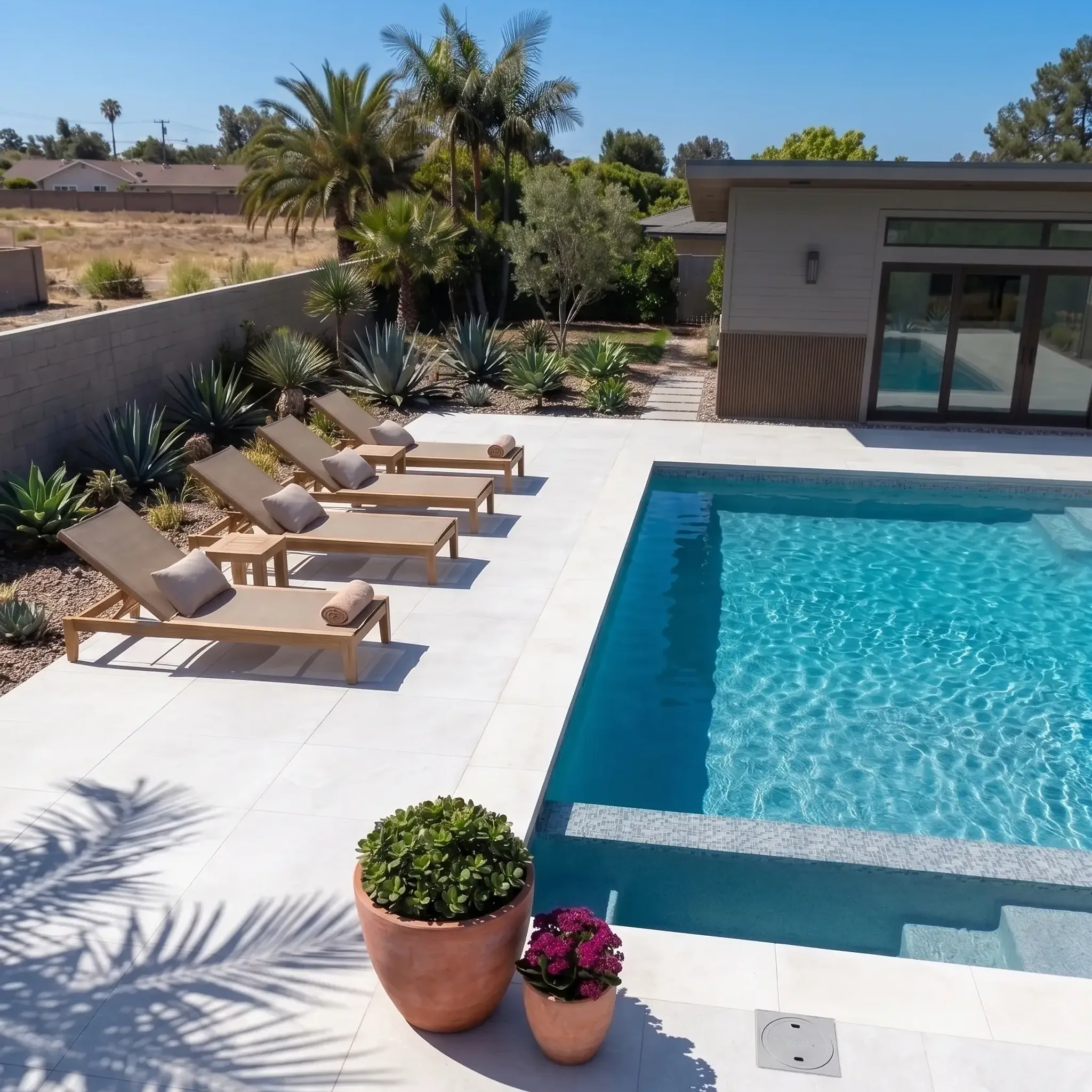 Elevated view of white limestone pavers around a pool with loungers, terracotta pots, agaves, palms and a flat-roofed…
