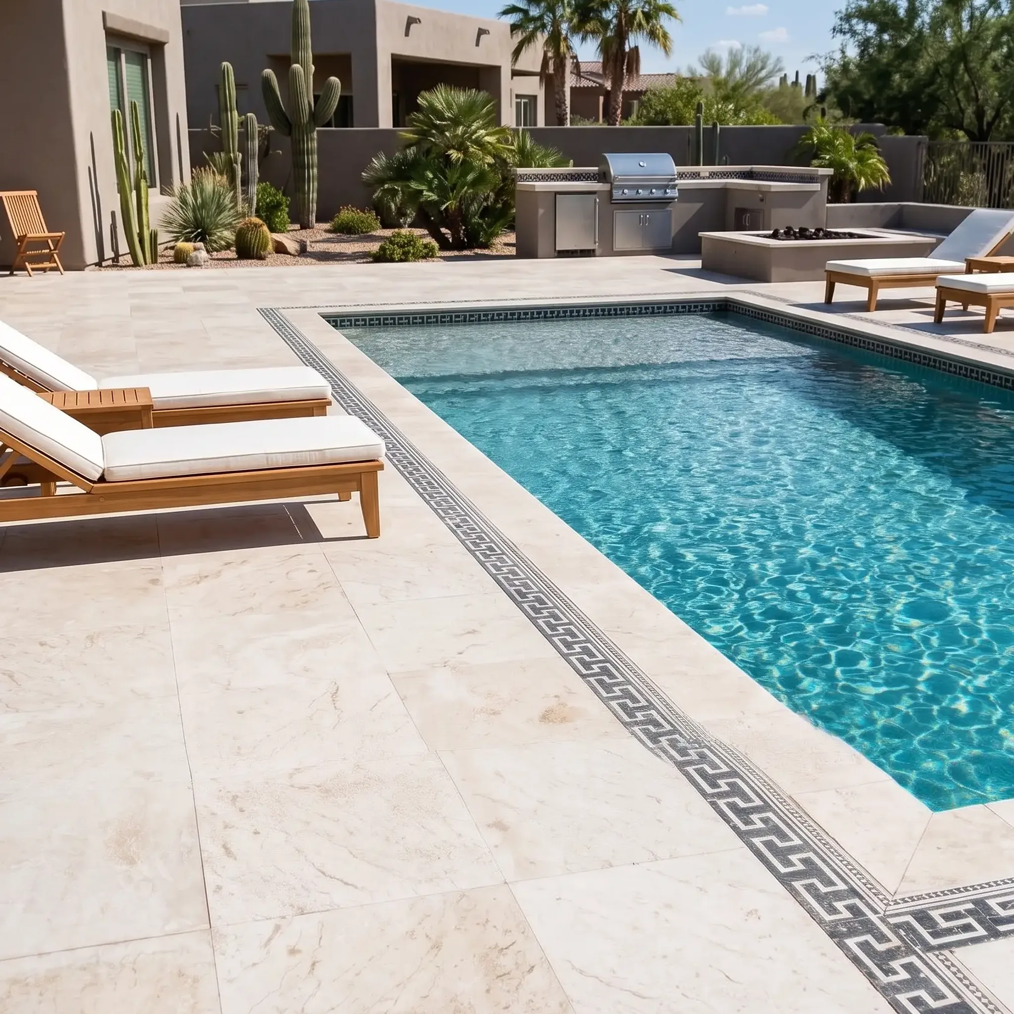 Desert pool with Greek key mosaic waterline and deck border, cream veined pavers, teak loungers, outdoor kitchen, fire…