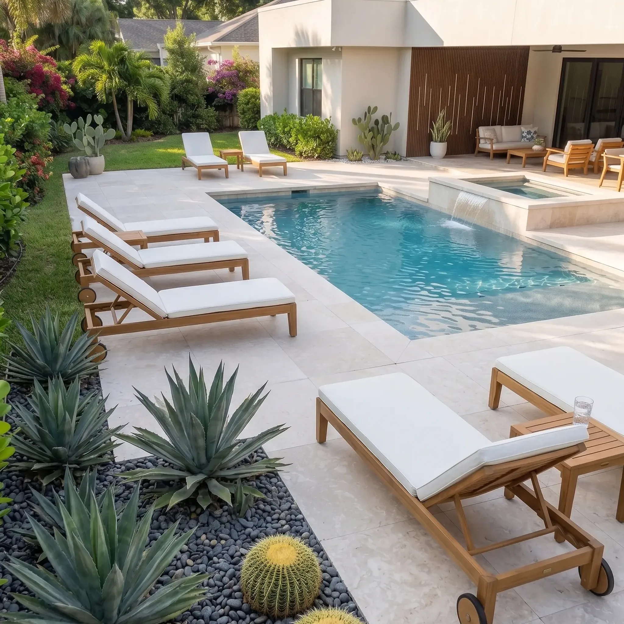 Cream-white limestone pavers on a pool deck with teak loungers, barrel cacti and agaves in black pebbles, pool with spa…
