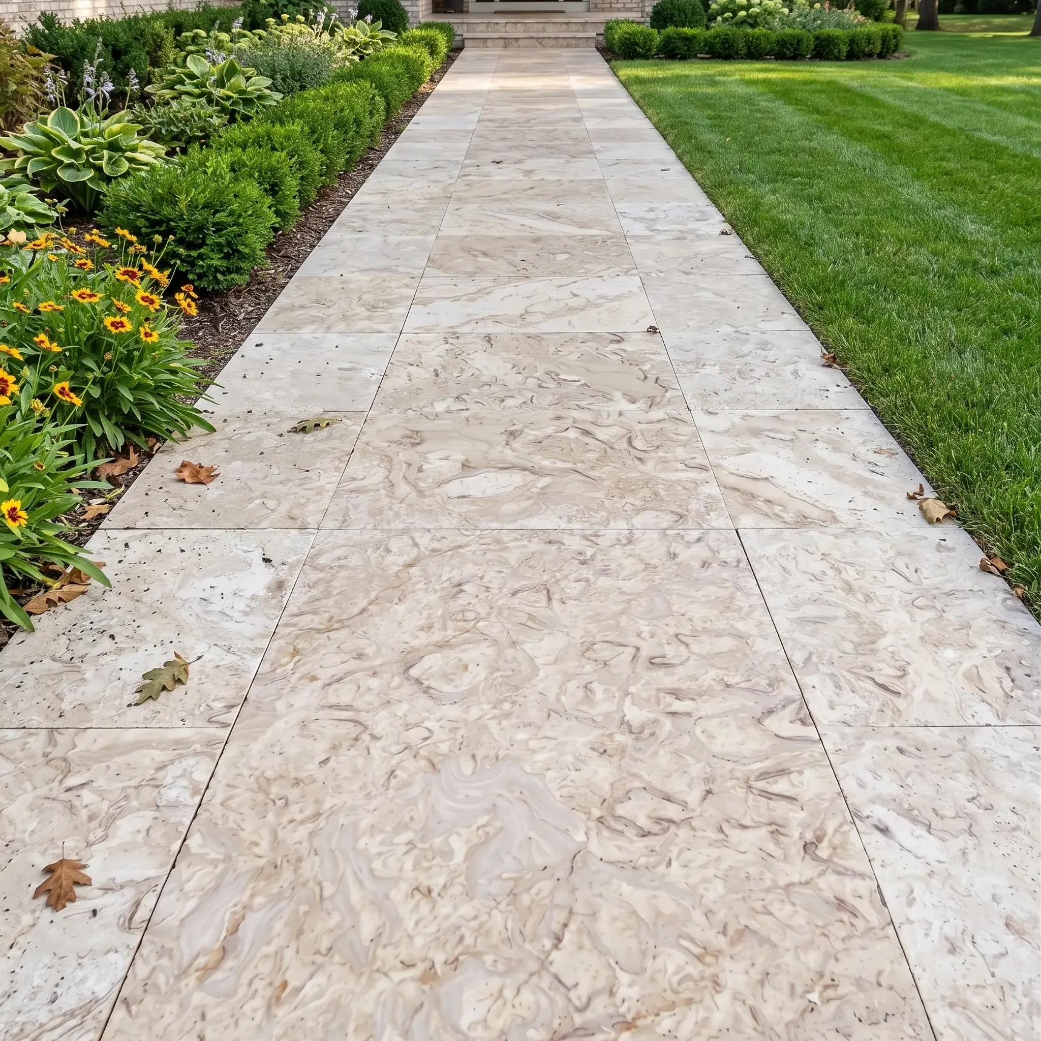 Beige fossil-marked limestone large-format pavers, honed, straight front walkway to blue-sided brick house, with hostas,…
