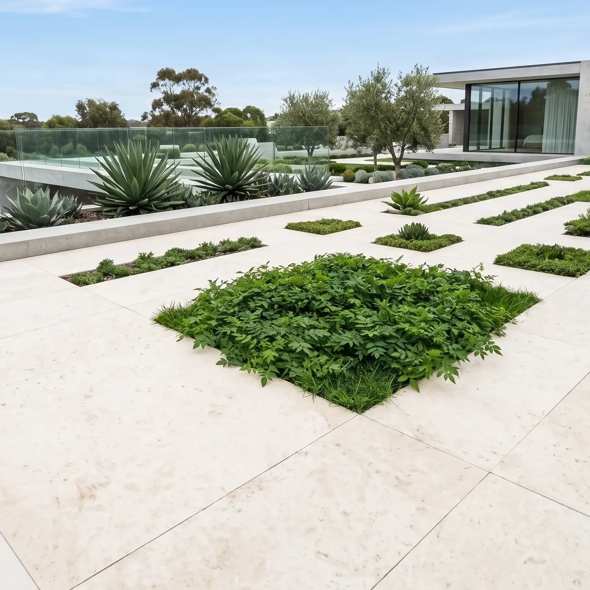 modern terrace: large white limestone-look slabs in grid with planted squares, glass balustrade, agaves,…