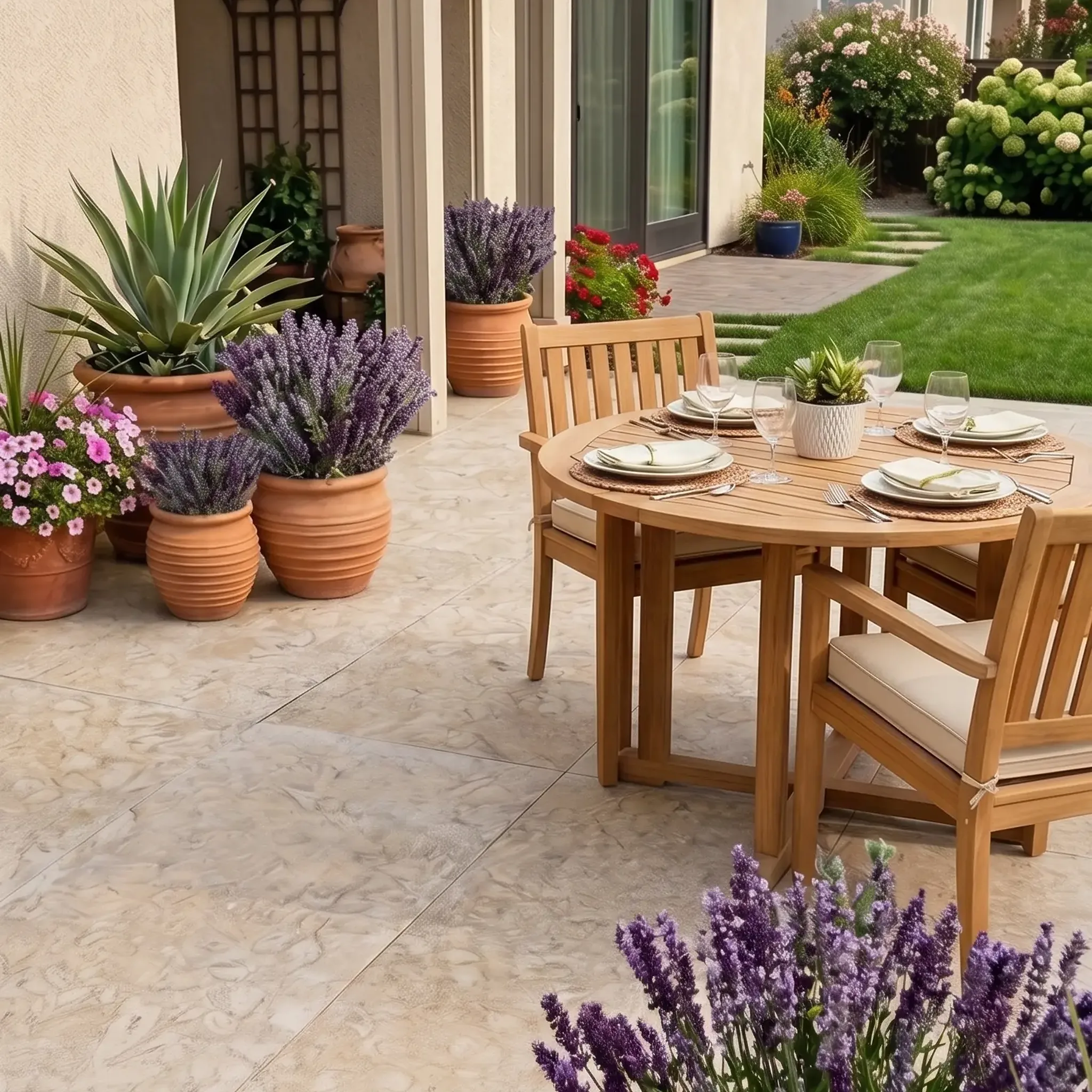 Beige fossil-marked limestone large-format pavers, honed, backyard patio with teak dining set, terracotta lavender pots,…