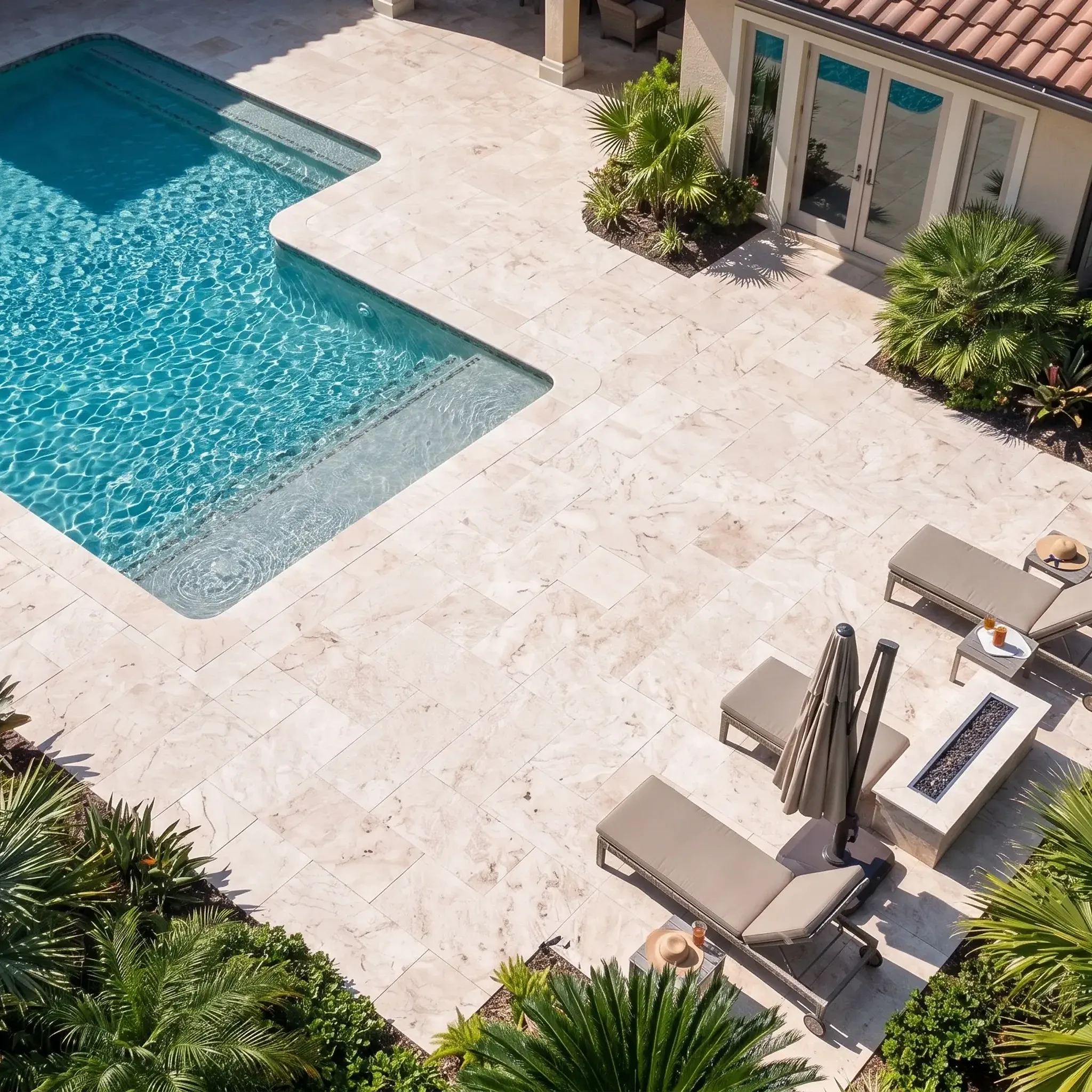 Aerial view of a cream veined limestone pool deck with L-shaped pool, loungers, fire pit, umbrella and tropical palms…