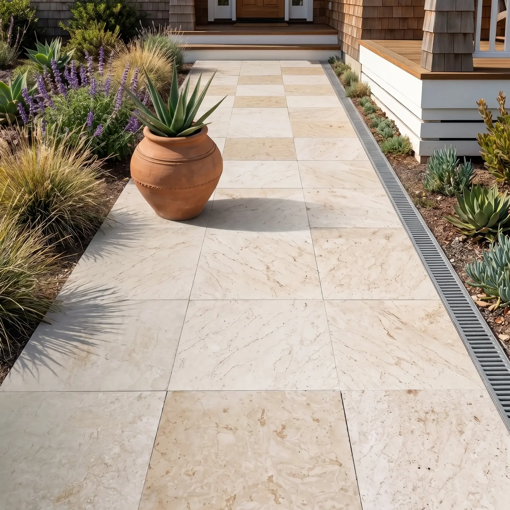 front walkway: cream veined square pavers in grid with mixed tones, terracotta agave pot, lavender, drain…
