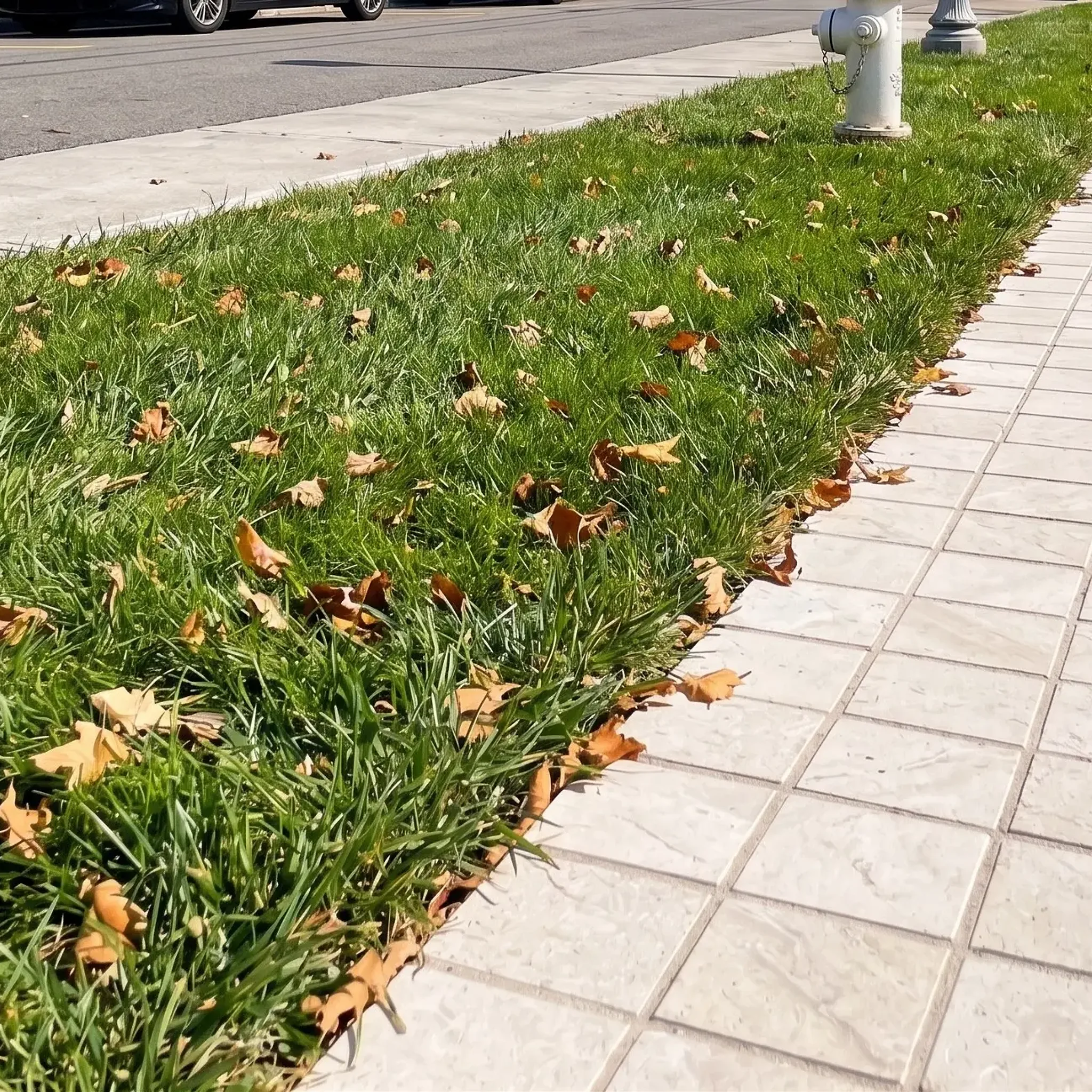 Pale cream limestone square paver sidewalk beside a leaf-strewn grass verge, kerb, street, hydrant and car wheels at the…