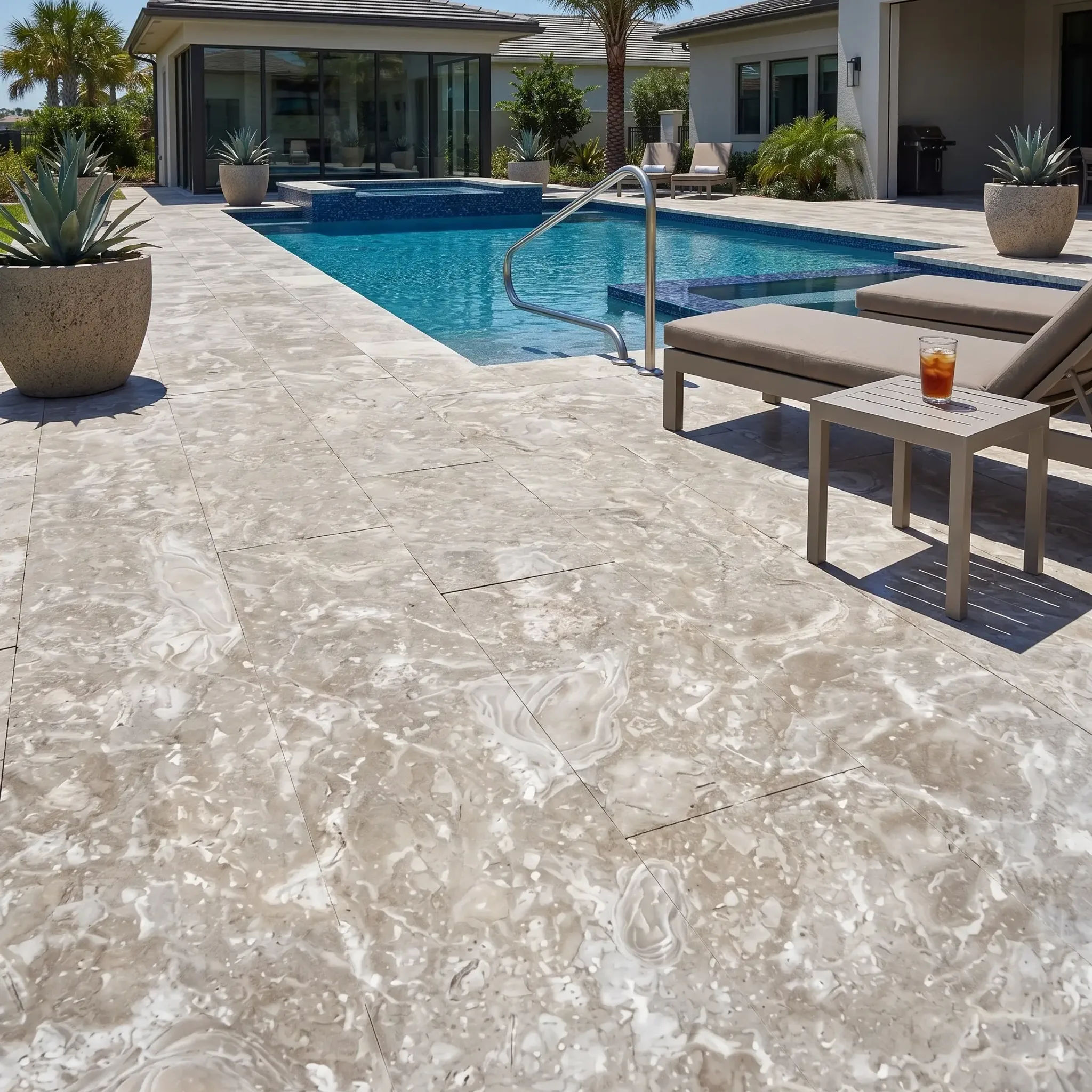 Grey-cream swirled shellstone pavers on a resort-style pool deck with handrail, loungers, agave planters and modern white…