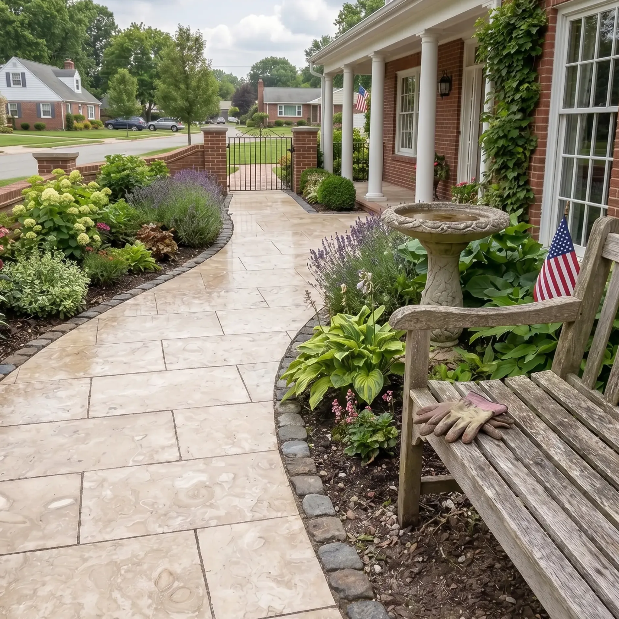 Cream polished fossil-pattern stone pavers on a wet curved front path with grey cobble edging, cottage garden beds,…
