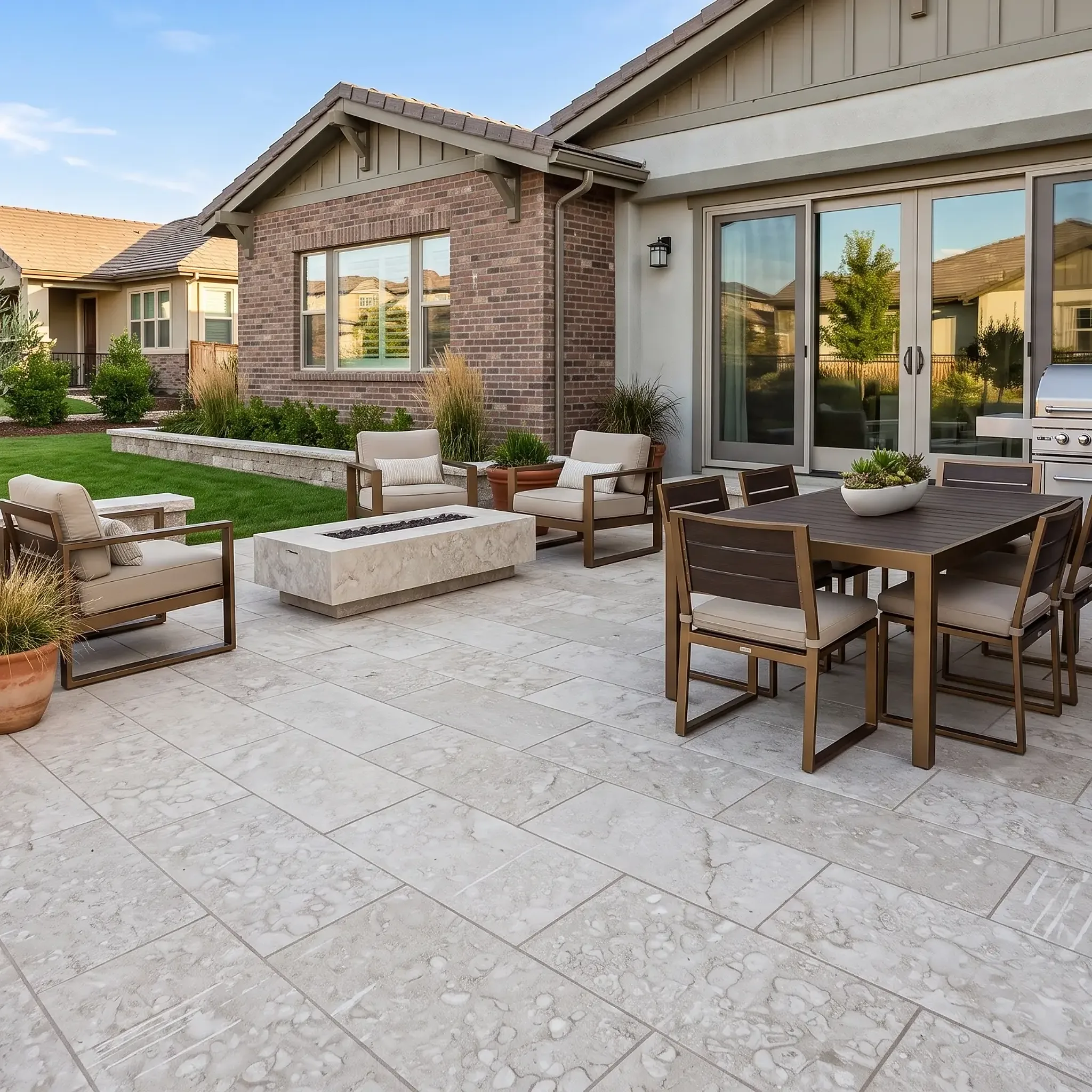 Grey mottled limestone paver patio with dining set, armchairs, fire table, grill, potted olive tree and a brick house.