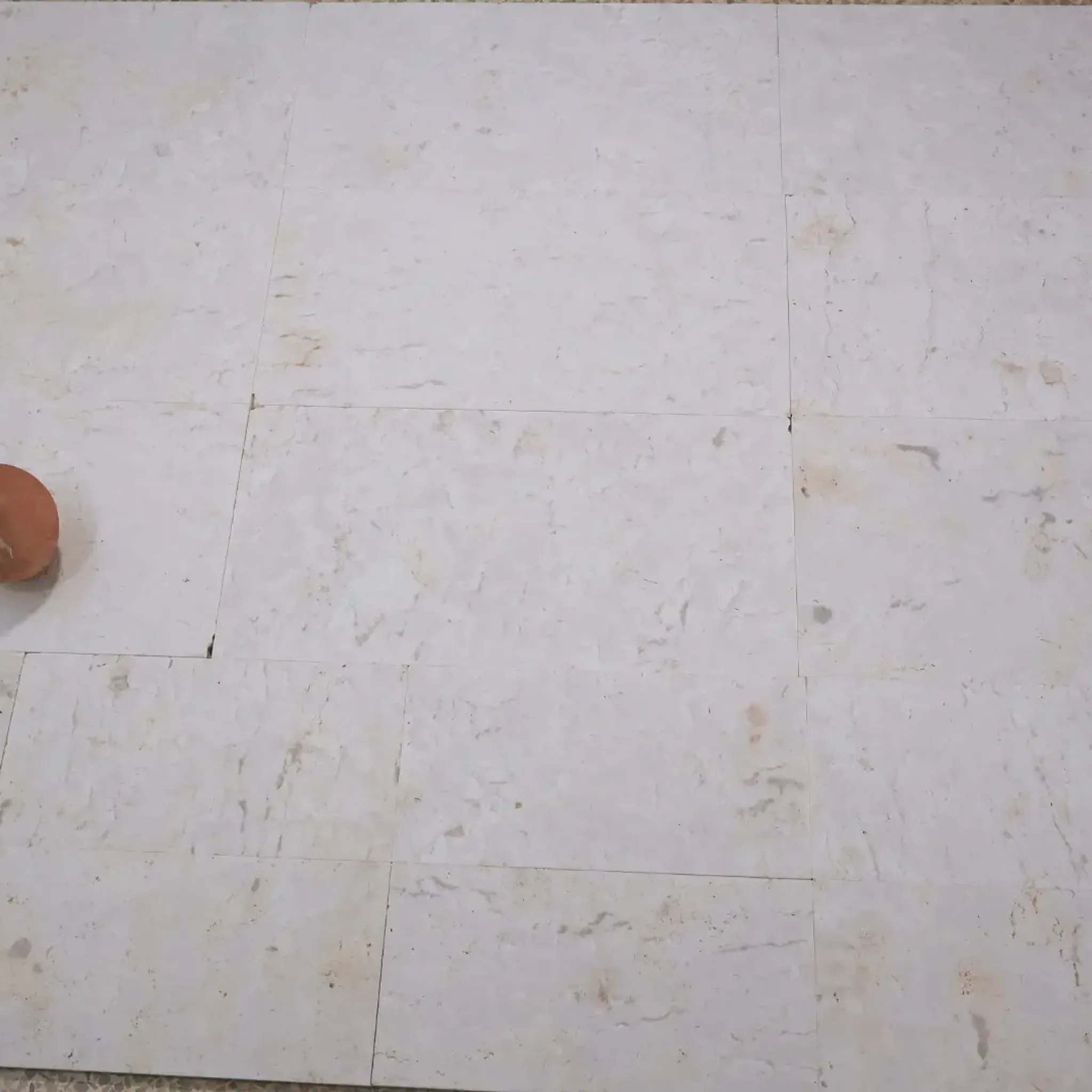 White limestone tiles with fossil shell texture dry-laid on a terrazzo floor with terracotta jug, overhead landscape view.