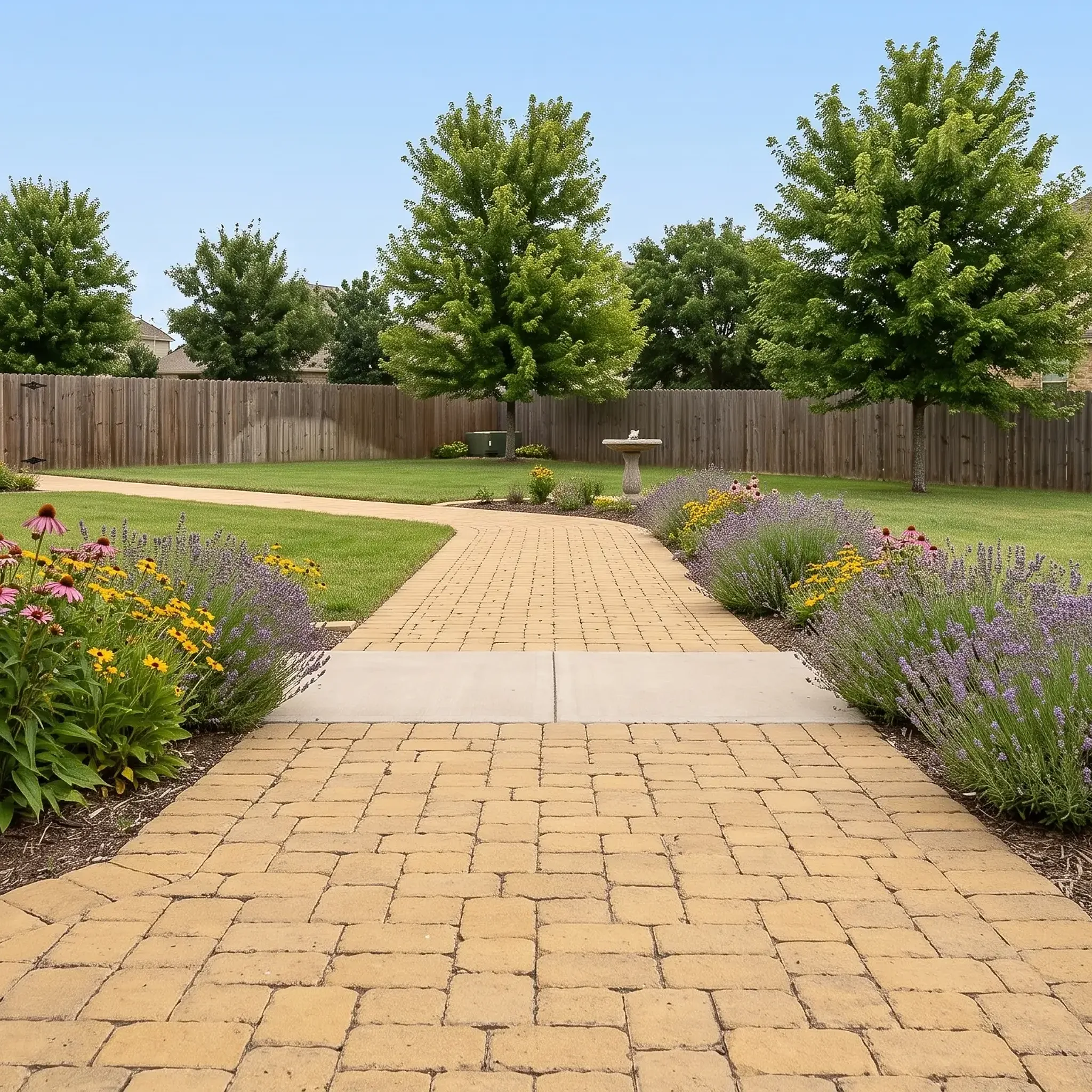 Golden tan tumbled pavers in running bond walkway past a golden limestone-clad wall, concrete sidewalk crossing,…