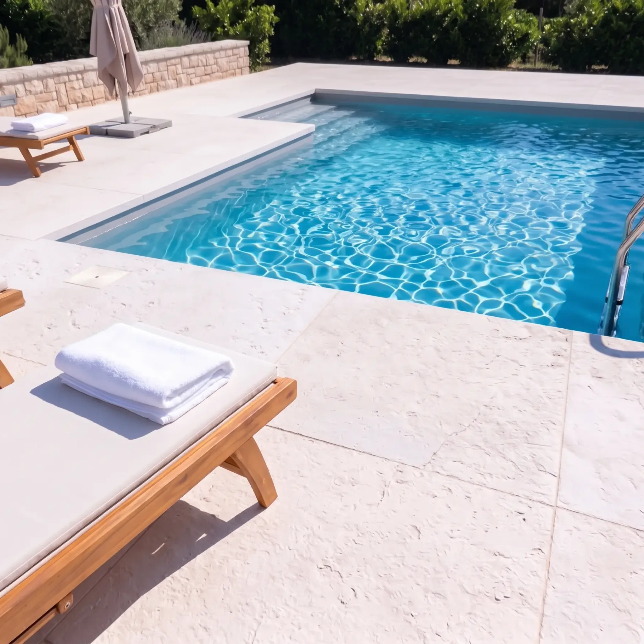 White limestone pool deck pavers with textured surface, teak sun loungers with white towels, chrome pool ladder,…