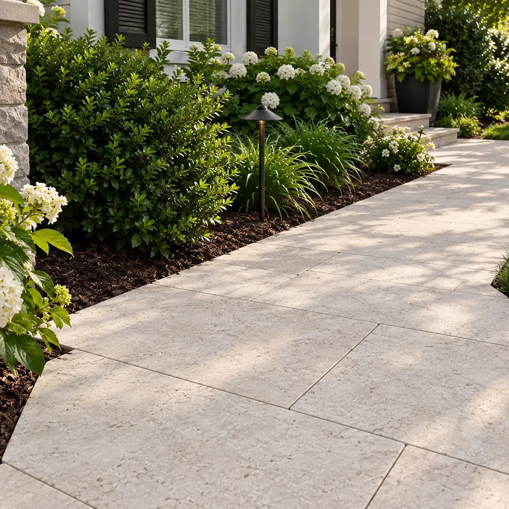 Cream limestone paver walkway with white hydrangea border, path light, stone pier and lawn in dappled light leading to…