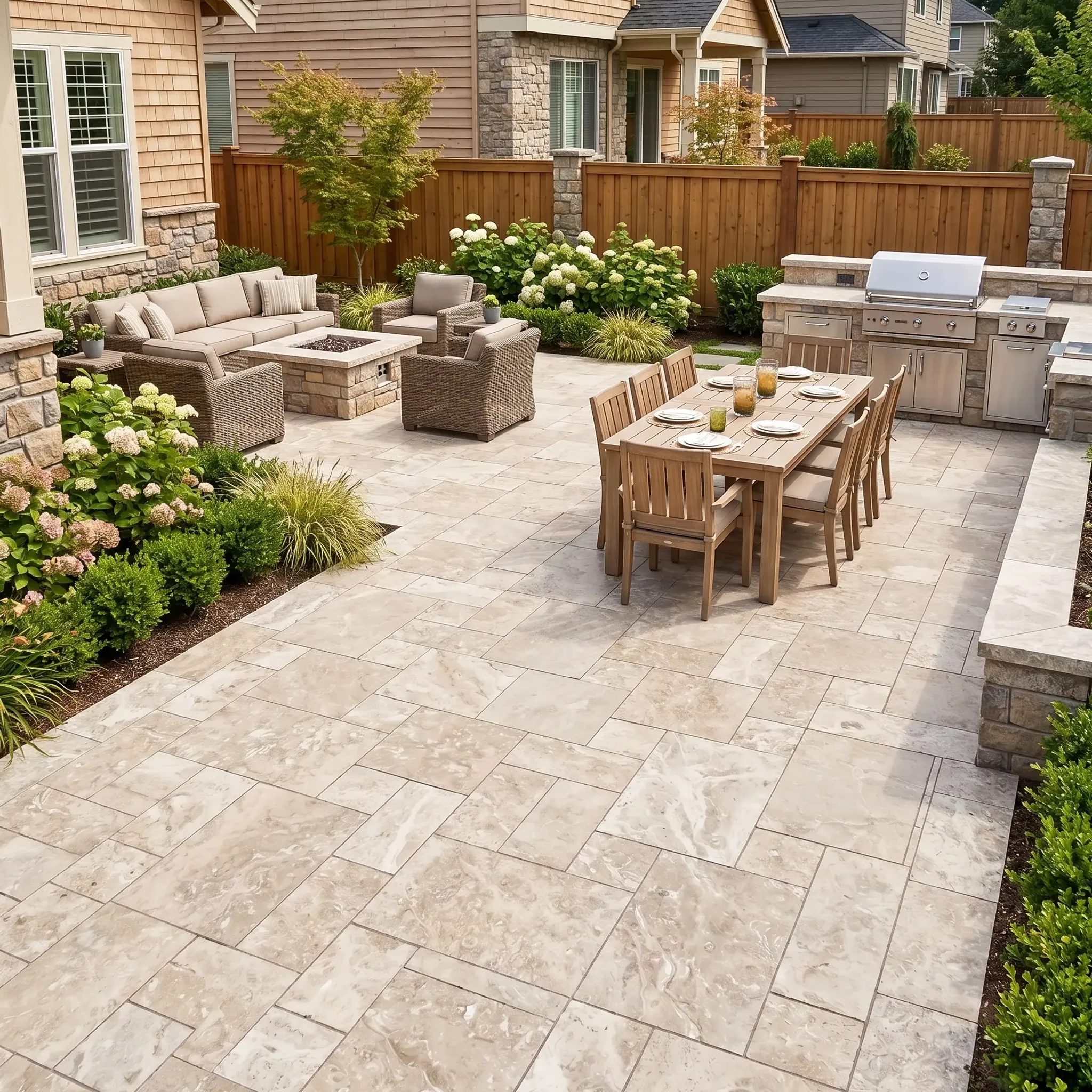 Rendered backyard patio in cream fossil stone random ashlar with wicker sectional, fire pit, teak dining set and outdoor…